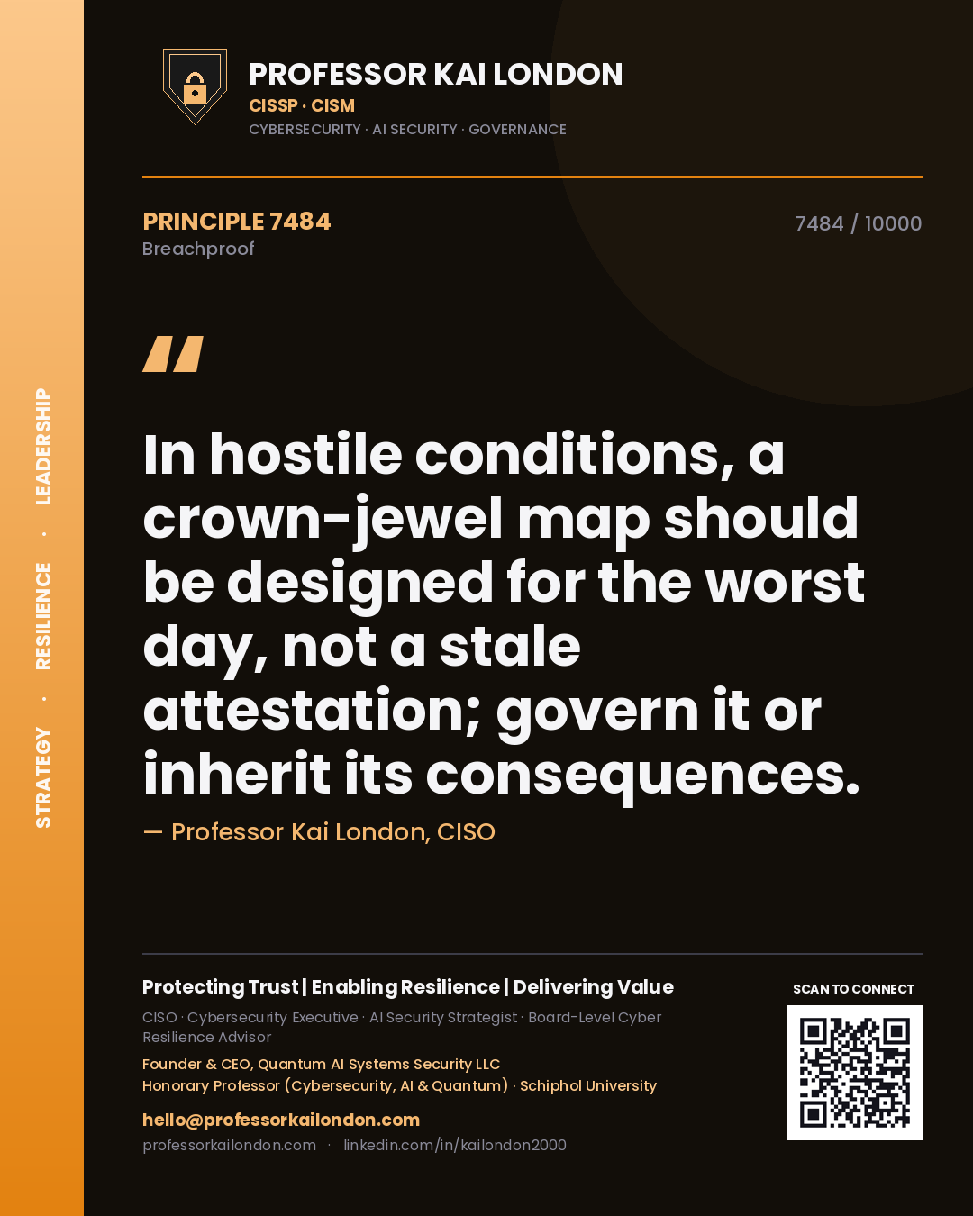 Quote card by Professor Kai London reading 'In hostile conditions, a crown-jewel map should be designed for the worst day, not a stale attestation; govern it or inherit its consequences.'. From the book Breachproof.