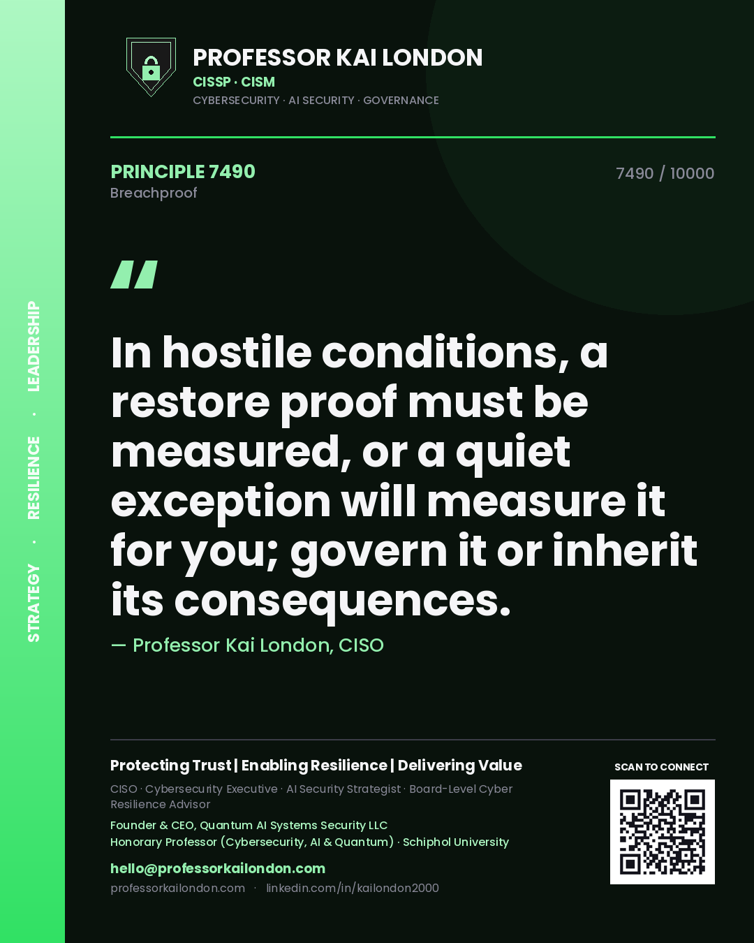 Professor Kai London principle 7490: In hostile conditions, a restore proof must be measured, or a quiet exception will measure it for you; govern it or inherit its consequences.