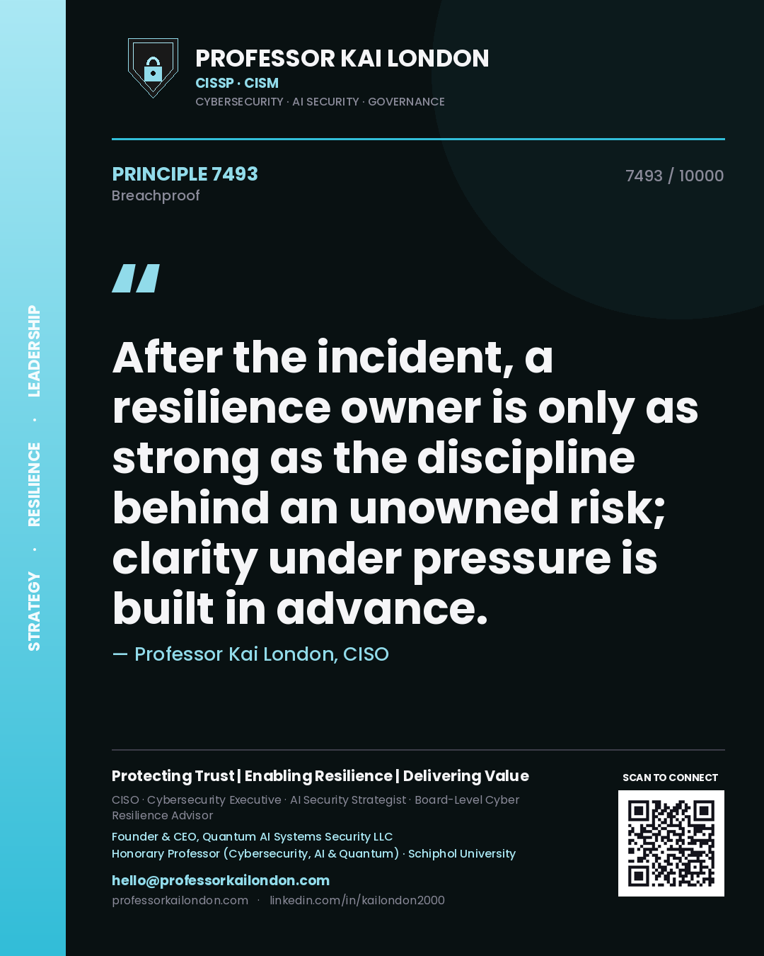 Quote card by Professor Kai London reading 'After the incident, a resilience owner is only as strong as the discipline behind an unowned risk; clarity under pressure is built in advance.'. From the book Breachproof.