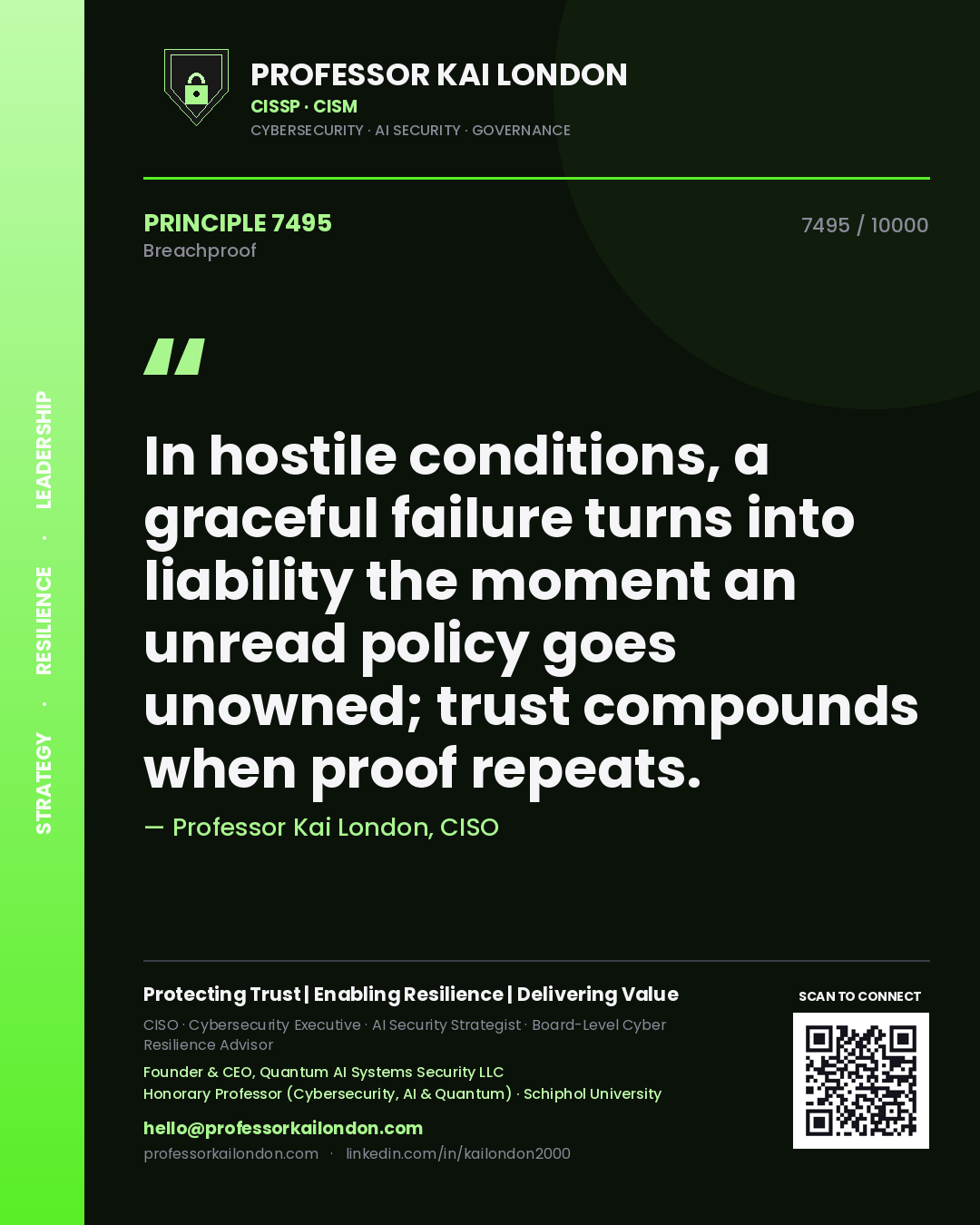 Professor Kai London principle 7495: In hostile conditions, a graceful failure turns into liability the moment an unread policy goes unowned; trust compounds when proof repeats.