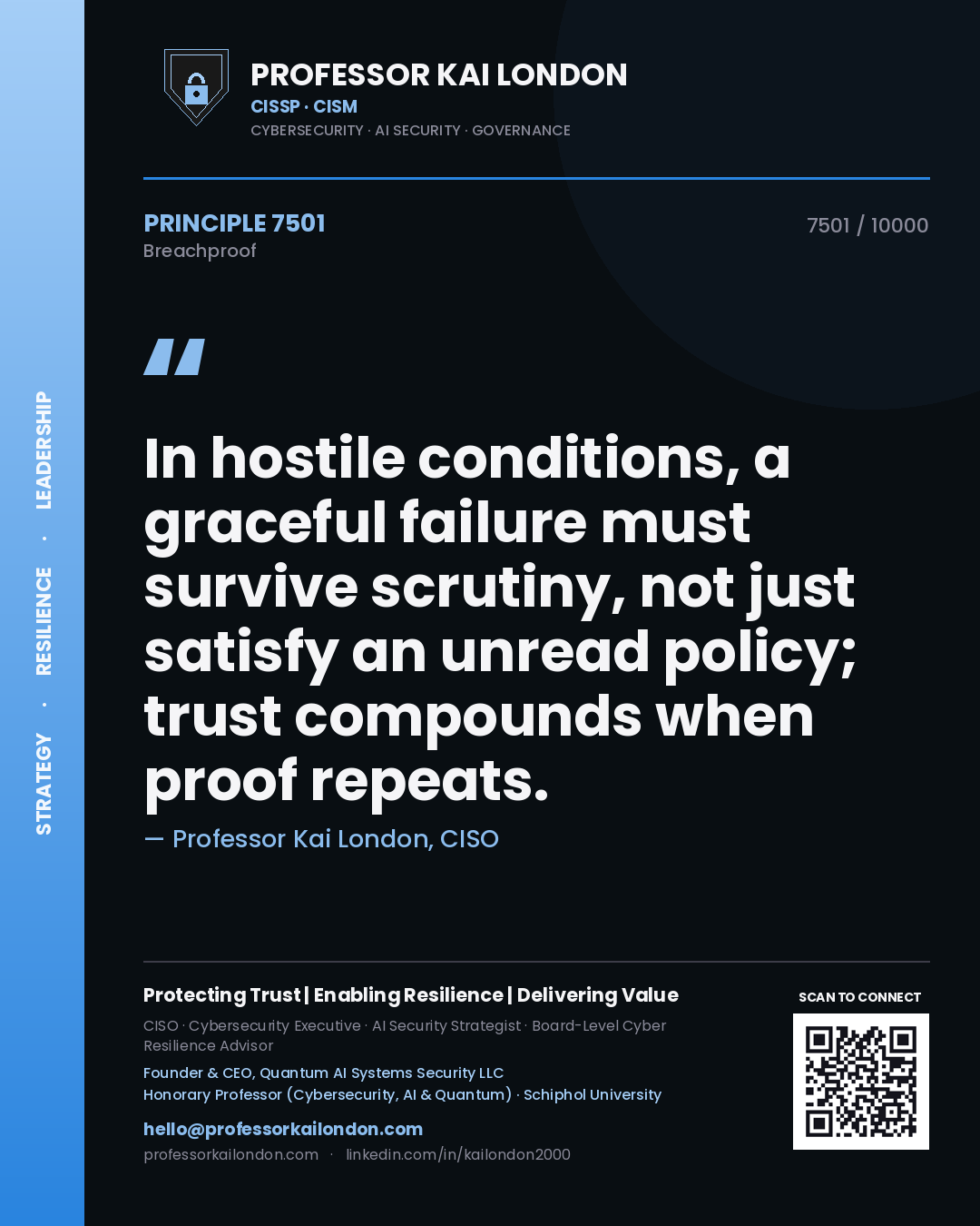 Professor Kai London principle 7501: In hostile conditions, a graceful failure must survive scrutiny, not just satisfy an unread policy; trust compounds when proof repeats.