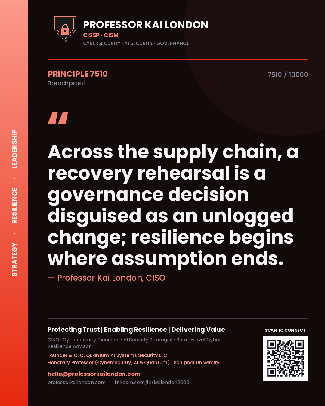 Quote card by Professor Kai London reading 'Across the supply chain, a recovery rehearsal is a governance decision disguised as an unlogged change; resilience begins where assumption ends.'. From the book Breachproof.
