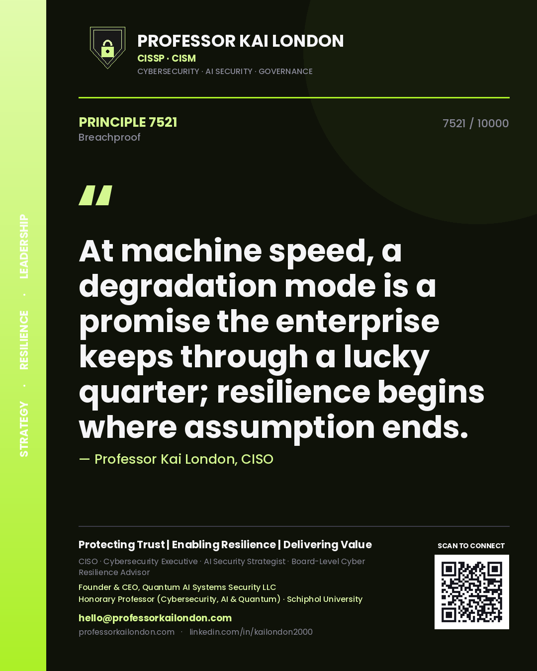 Quote card by Professor Kai London reading 'At machine speed, a degradation mode is a promise the enterprise keeps through a lucky quarter; resilience begins where assumption ends.'. From the book Breachproof.