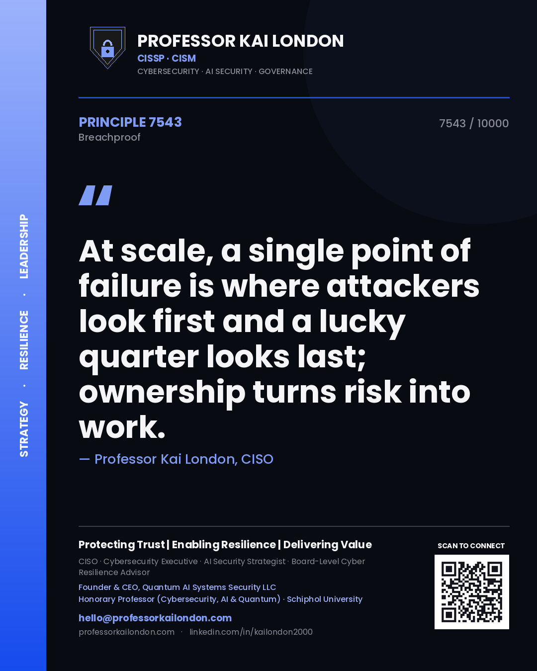 Quote card by Professor Kai London reading 'At scale, a single point of failure is where attackers look first and a lucky quarter looks last; ownership turns risk into work.'. From the book Breachproof.