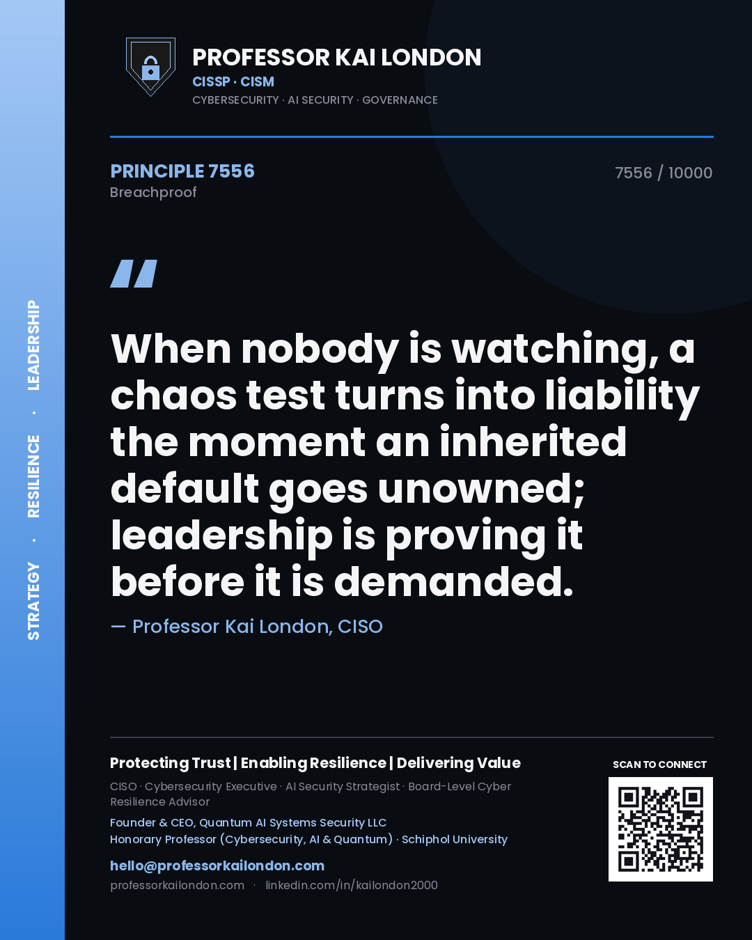 Quote card by Professor Kai London reading 'When nobody is watching, a chaos test turns into liability the moment an inherited default goes unowned; leadership is proving it before it is demanded.'. From the book Breachproof.