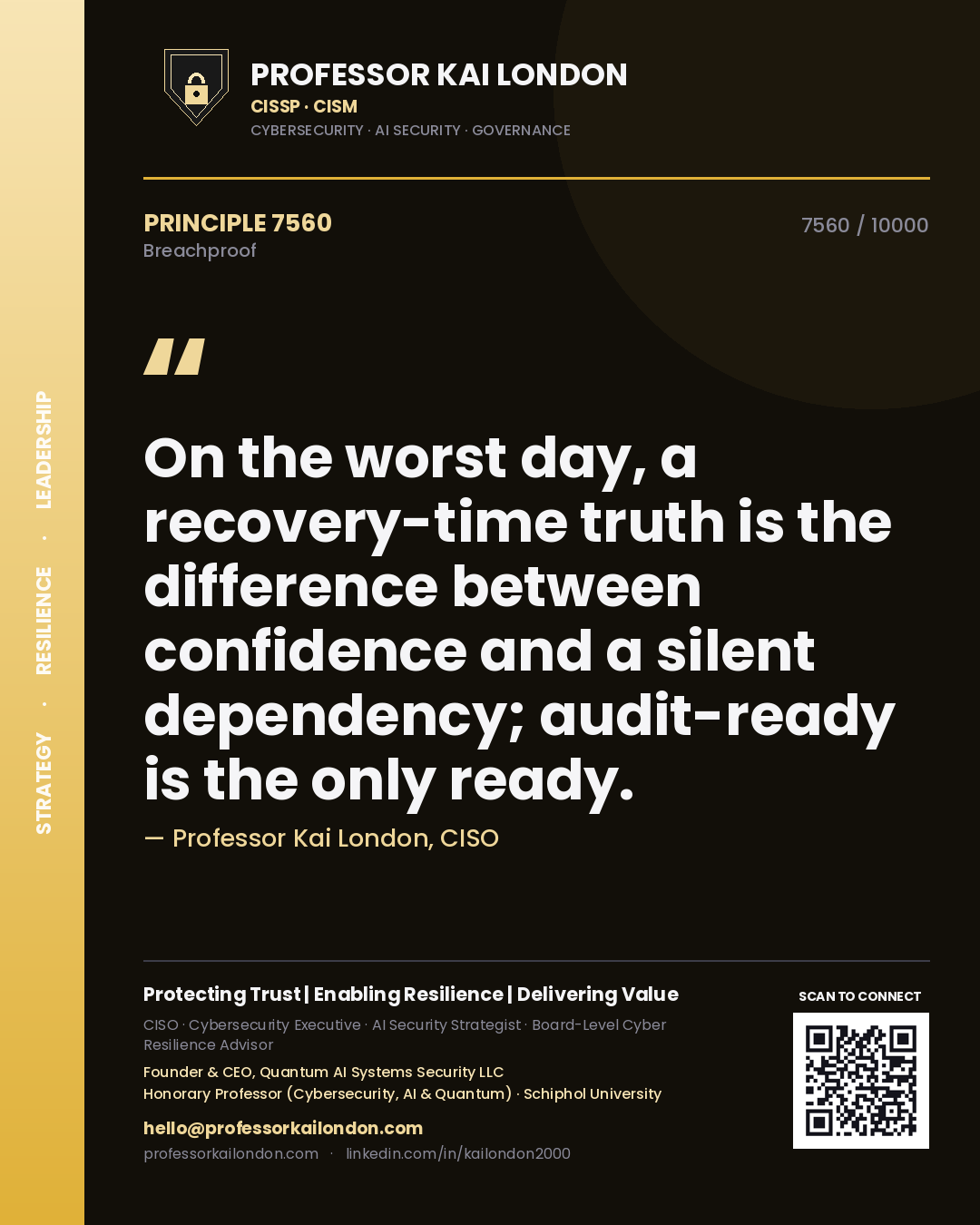 Quote card by Professor Kai London reading 'On the worst day, a recovery-time truth is the difference between confidence and a silent dependency; audit-ready is the only ready.'. From the book Breachproof.