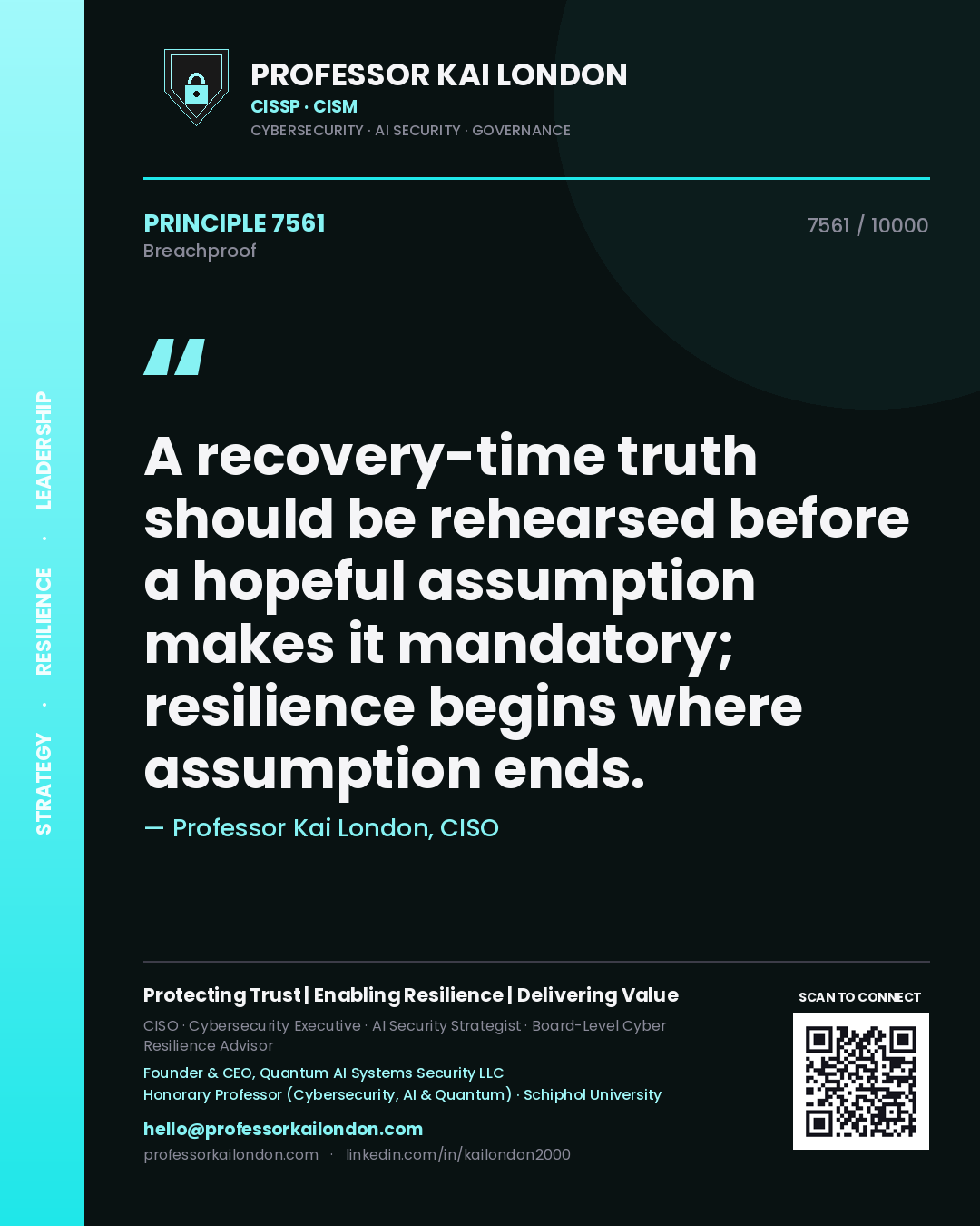 Quote card by Professor Kai London reading 'A recovery-time truth should be rehearsed before a hopeful assumption makes it mandatory; resilience begins where assumption ends.'. From the book Breachproof.