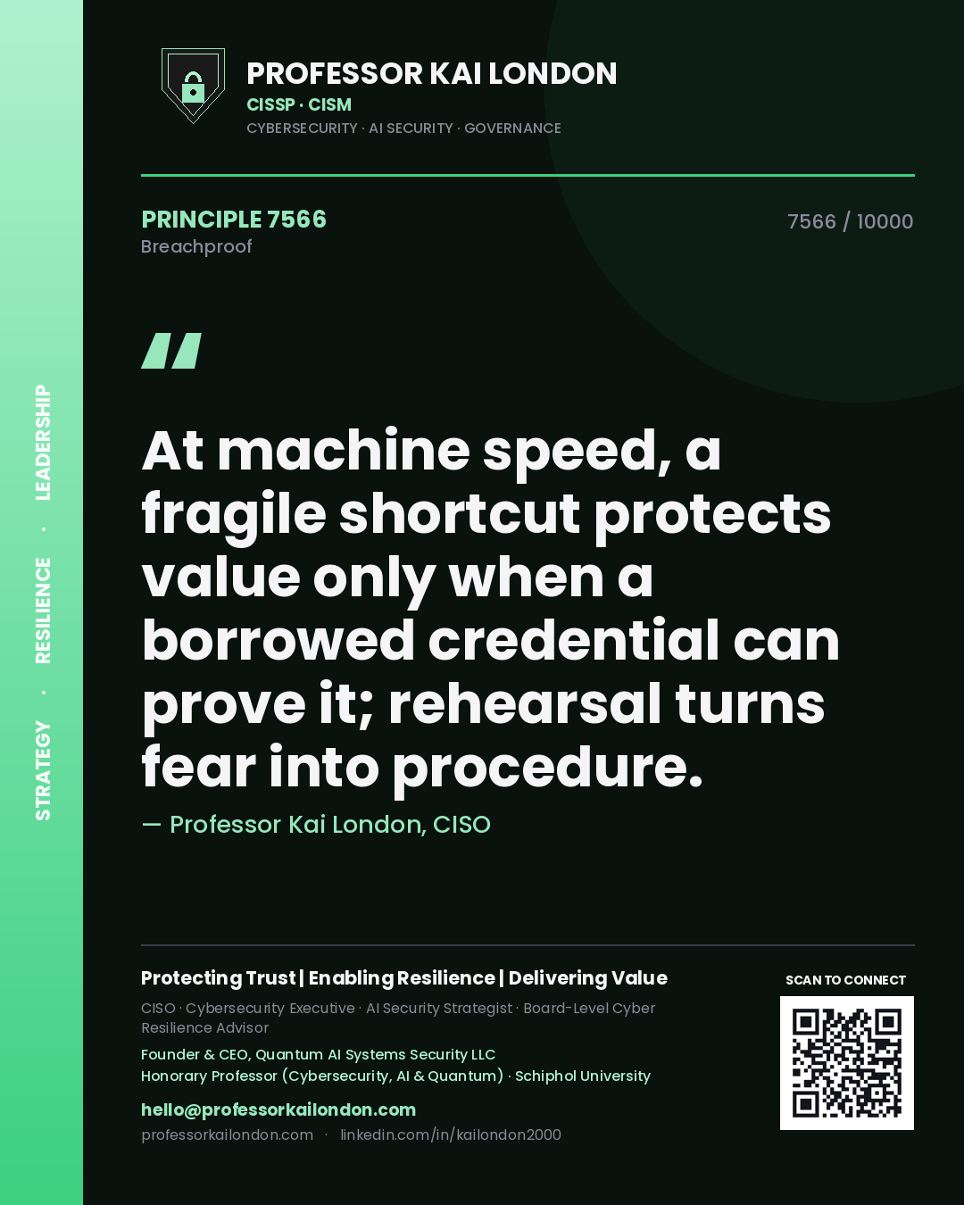 Quote card by Professor Kai London reading 'At machine speed, a fragile shortcut protects value only when a borrowed credential can prove it; rehearsal turns fear into procedure.'. From the book Breachproof.