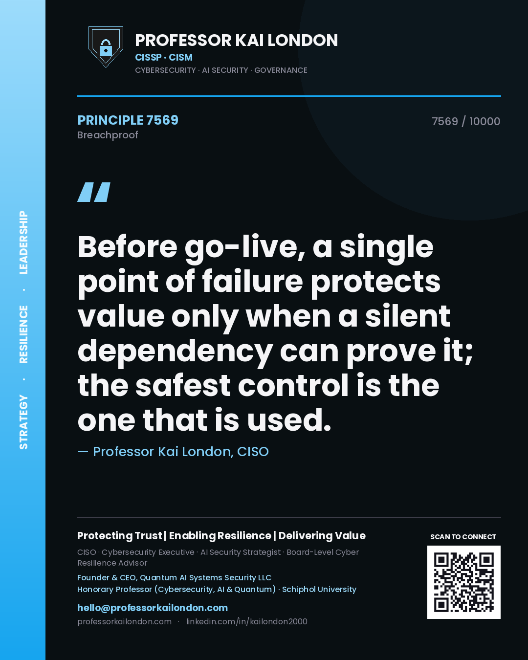 Quote card by Professor Kai London reading 'Before go-live, a single point of failure protects value only when a silent dependency can prove it; the safest control is the one that is used.'. From the book Breachproof.
