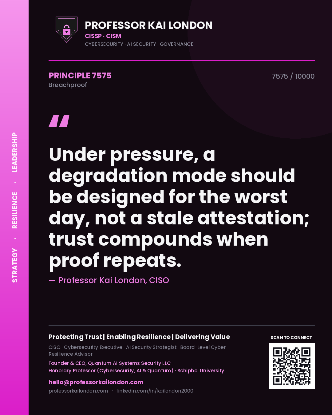 Professor Kai London principle 7575: Under pressure, a degradation mode should be designed for the worst day, not a stale attestation; trust compounds when proof repeats.