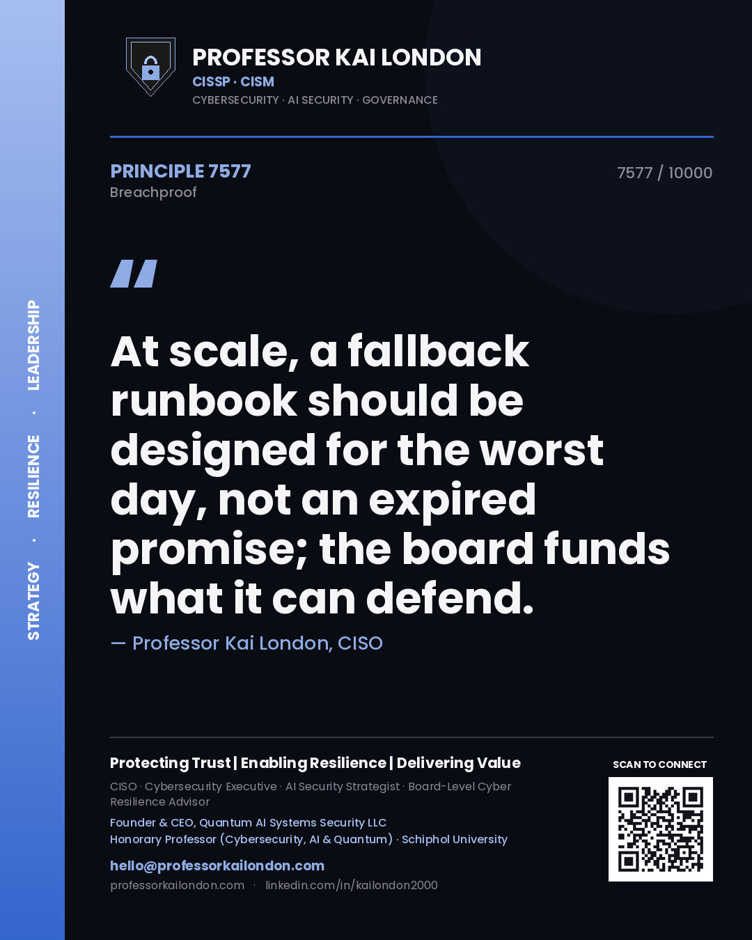 Quote card by Professor Kai London reading 'At scale, a fallback runbook should be designed for the worst day, not an expired promise; the board funds what it can defend.'. From the book Breachproof.