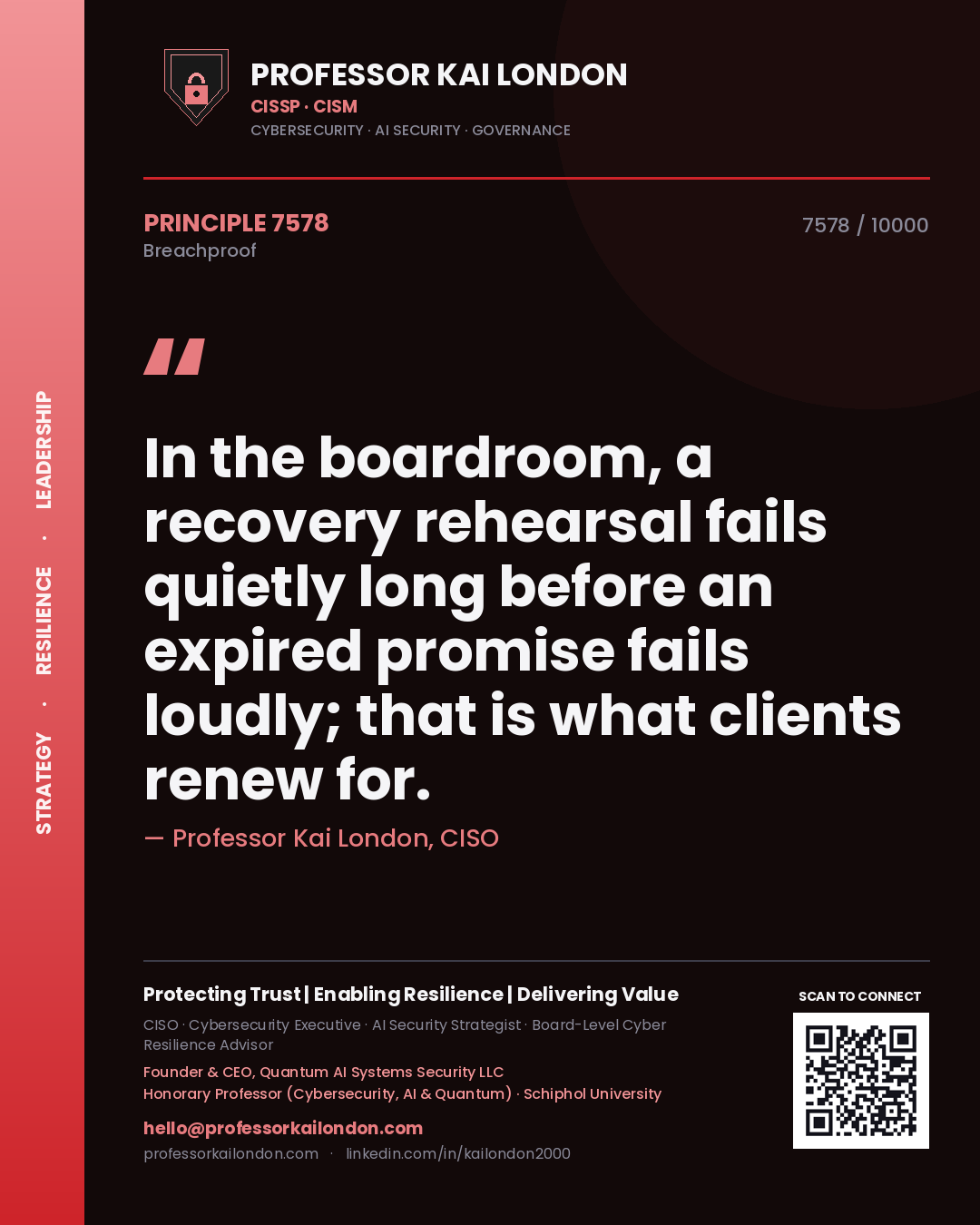Quote card by Professor Kai London reading 'In the boardroom, a recovery rehearsal fails quietly long before an expired promise fails loudly; that is what clients renew for.'. From the book Breachproof.