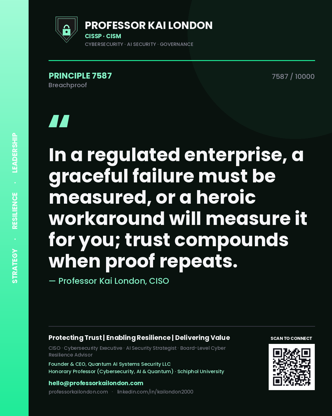 Professor Kai London principle 7587: In a regulated enterprise, a graceful failure must be measured, or a heroic workaround will measure it for you; trust compounds when proof repeats.