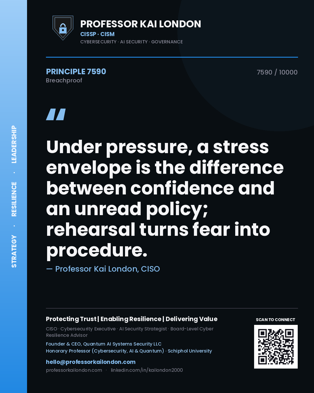 Professor Kai London principle 7590: Under pressure, a stress envelope is the difference between confidence and an unread policy; rehearsal turns fear into procedure.