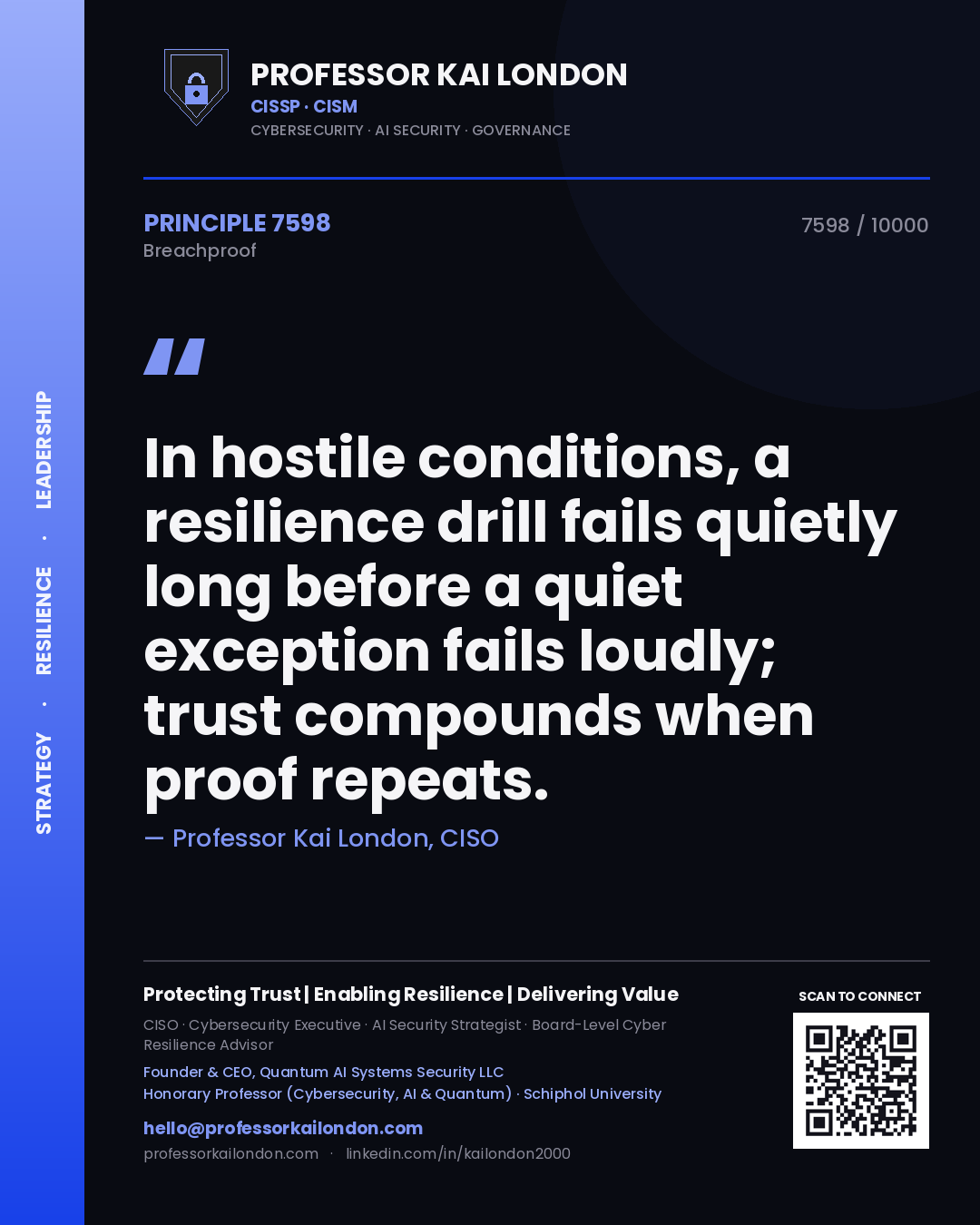 Quote card by Professor Kai London reading 'In hostile conditions, a resilience drill fails quietly long before a quiet exception fails loudly; trust compounds when proof repeats.'. From the book Breachproof.