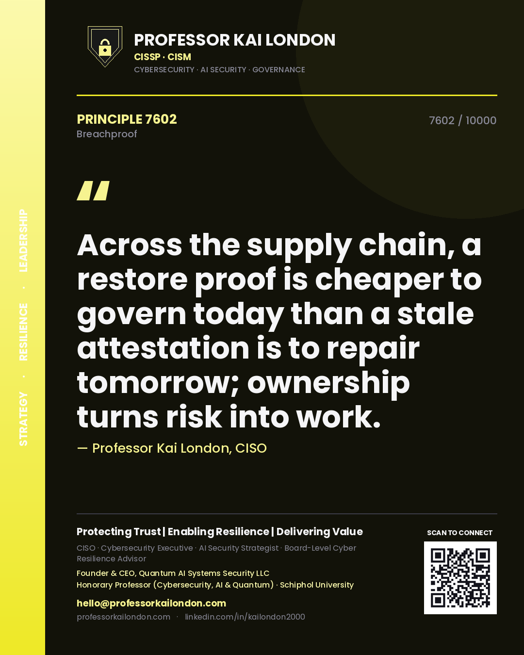 Professor Kai London principle 7602: Across the supply chain, a restore proof is cheaper to govern today than a stale attestation is to repair tomorrow; ownership turns risk into work.
