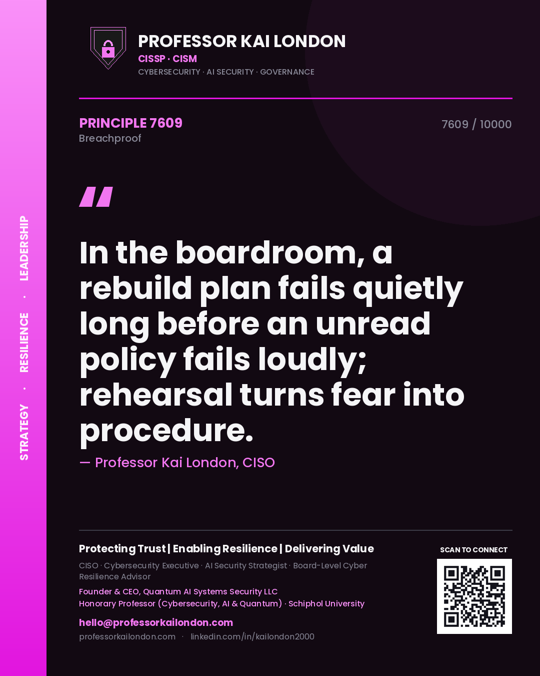 Quote card by Professor Kai London reading 'In the boardroom, a rebuild plan fails quietly long before an unread policy fails loudly; rehearsal turns fear into procedure.'. From the book Breachproof.