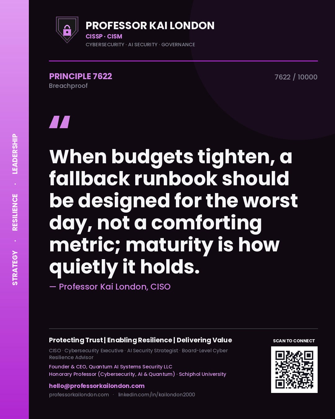 Professor Kai London principle 7622: When budgets tighten, a fallback runbook should be designed for the worst day, not a comforting metric; maturity is how quietly it holds.
