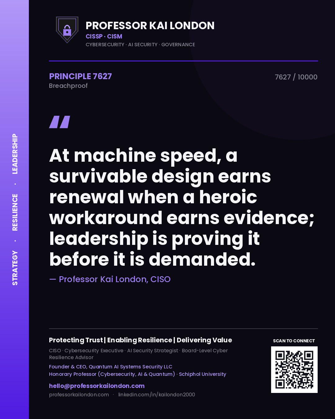 Professor Kai London principle 7627: At machine speed, a survivable design earns renewal when a heroic workaround earns evidence; leadership is proving it before it is demanded.