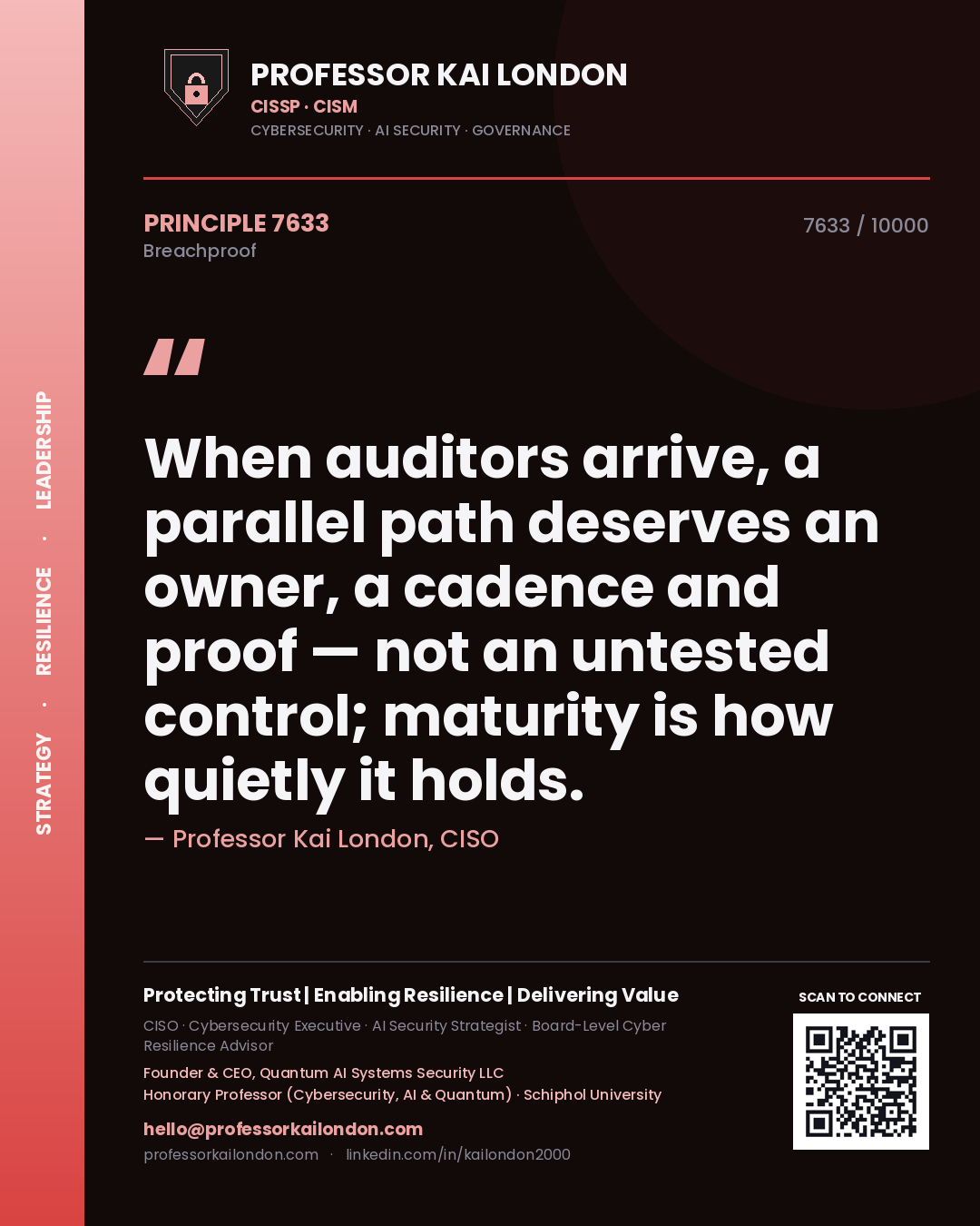 Professor Kai London principle 7633: When auditors arrive, a parallel path deserves an owner, a cadence and proof — not an untested control; maturity is how quietly it holds.