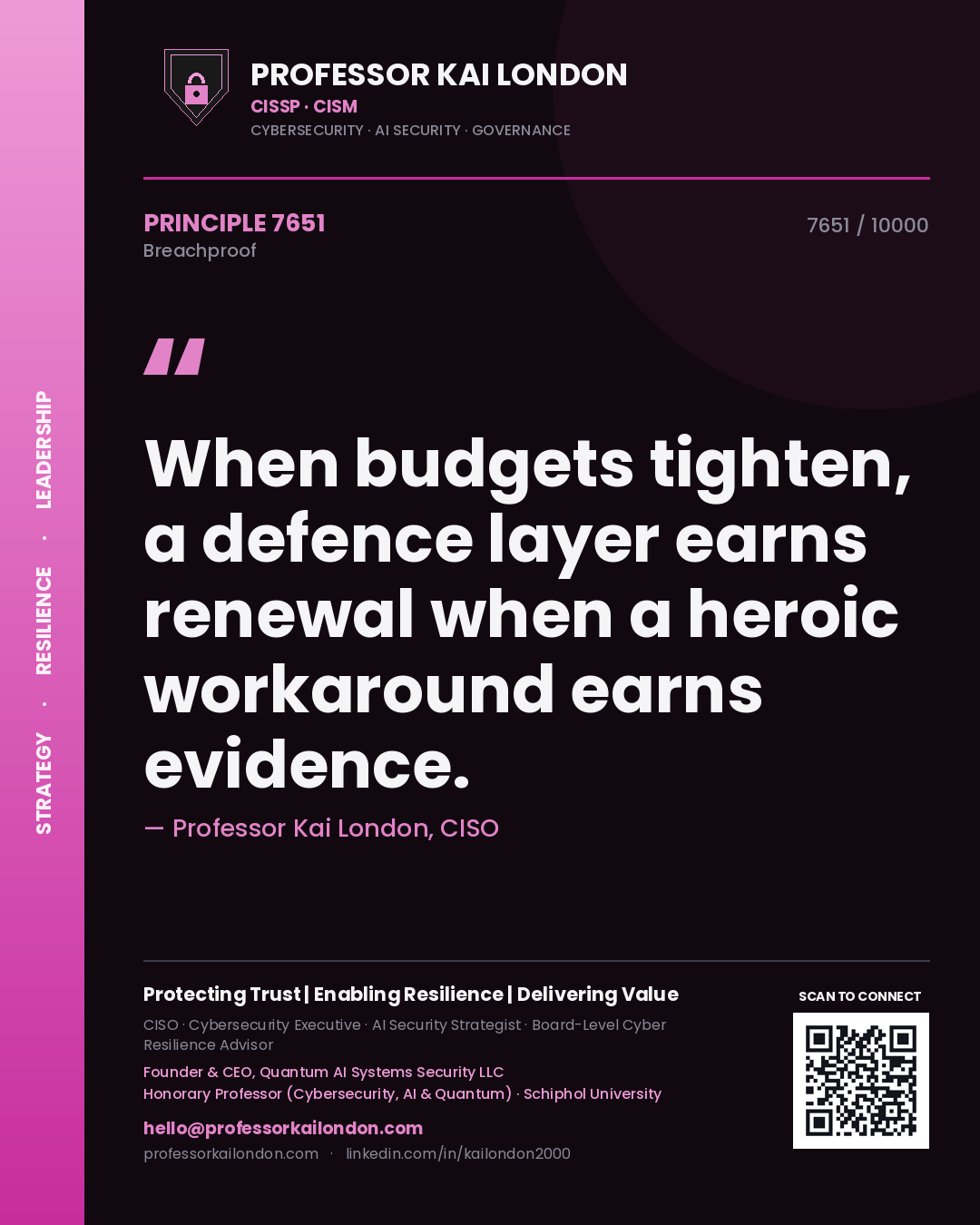 Quote card by Professor Kai London reading 'When budgets tighten, a defence layer earns renewal when a heroic workaround earns evidence.'. From the book Breachproof.
