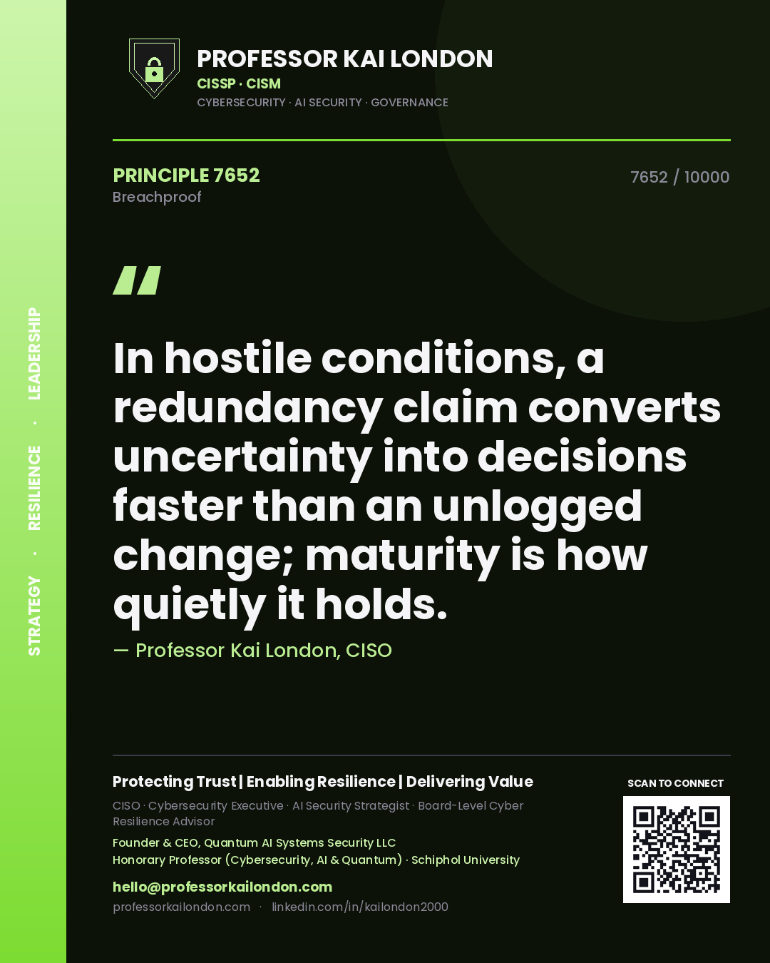 Professor Kai London principle 7652: In hostile conditions, a redundancy claim converts uncertainty into decisions faster than an unlogged change; maturity is how quietly it holds.