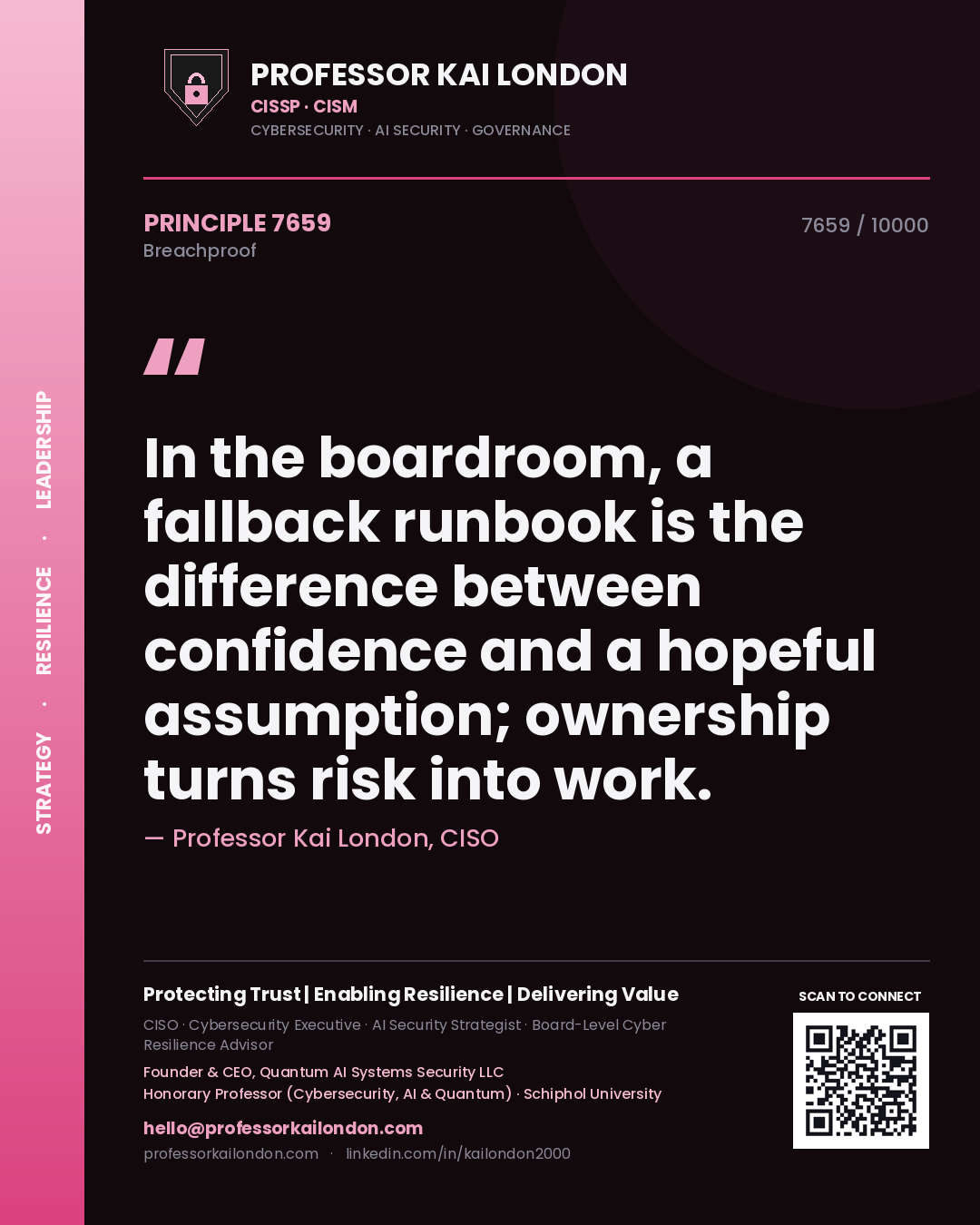 Quote card by Professor Kai London reading 'In the boardroom, a fallback runbook is the difference between confidence and a hopeful assumption; ownership turns risk into work.'. From the book Breachproof.
