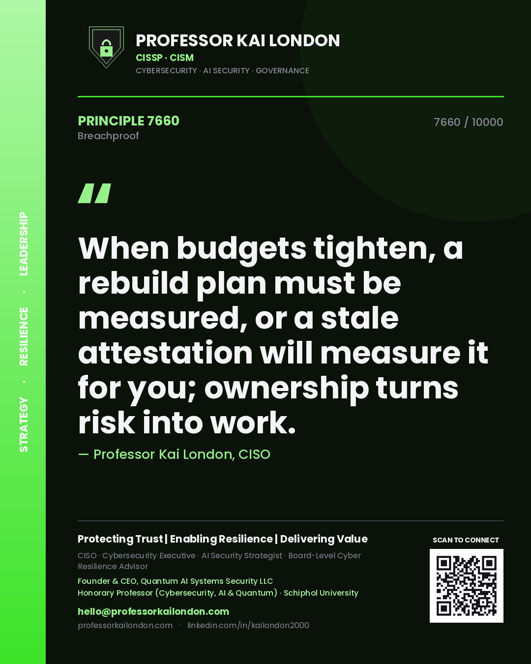 Professor Kai London principle 7660: When budgets tighten, a rebuild plan must be measured, or a stale attestation will measure it for you; ownership turns risk into work.