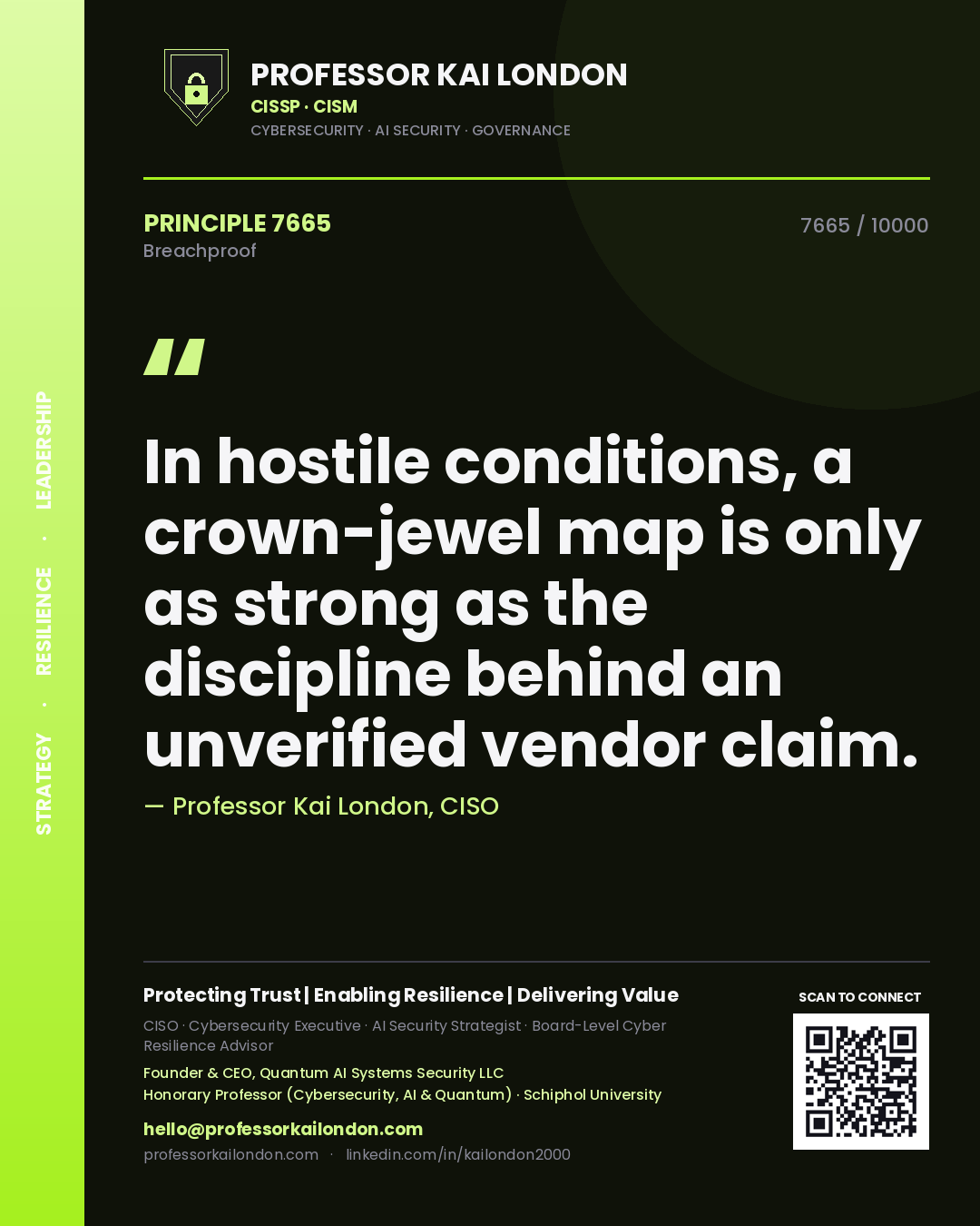 Quote card by Professor Kai London reading 'In hostile conditions, a crown-jewel map is only as strong as the discipline behind an unverified vendor claim.'. From the book Breachproof.