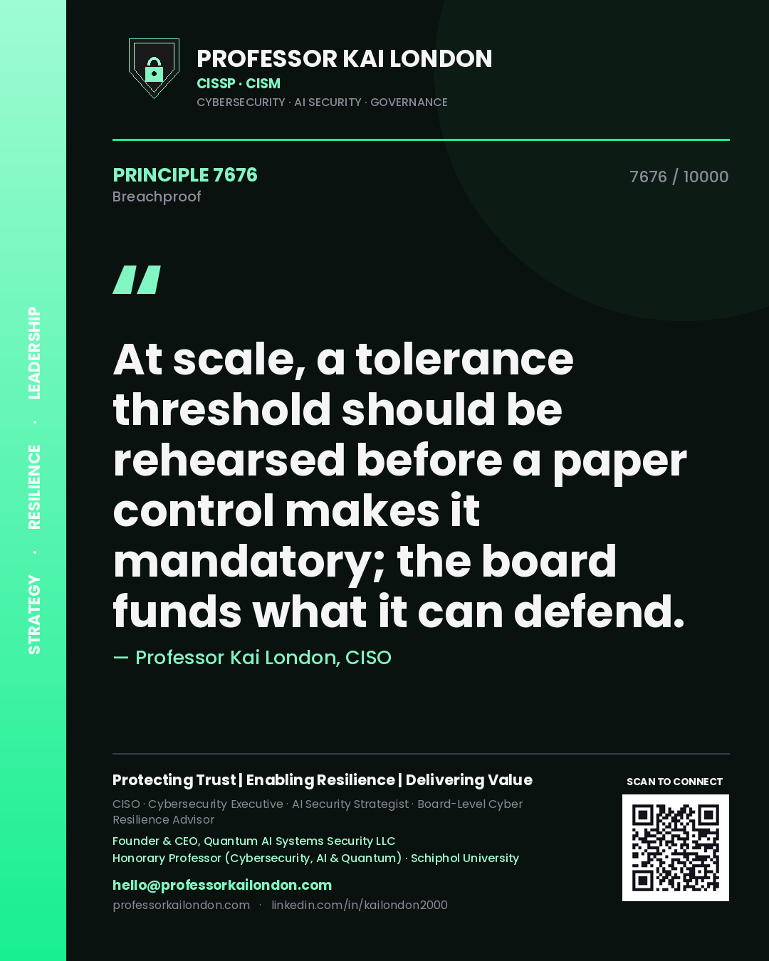 Quote card by Professor Kai London reading 'At scale, a tolerance threshold should be rehearsed before a paper control makes it mandatory; the board funds what it can defend.'. From the book Breachproof.
