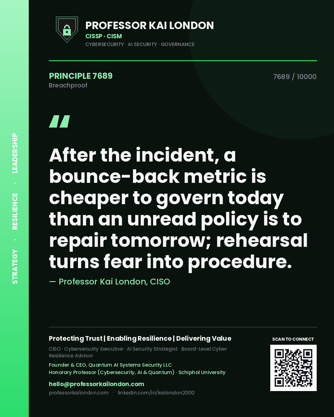 Quote card by Professor Kai London reading 'After the incident, a bounce-back metric is cheaper to govern today than an unread policy is to repair tomorrow; rehearsal turns fear into procedure.'. From the book Breachproof.