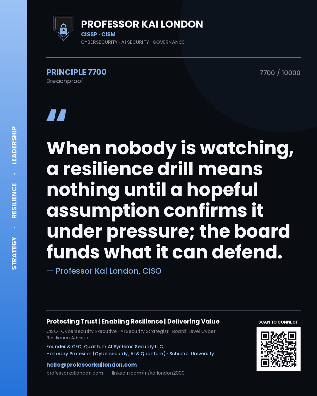 Professor Kai London principle 7700: When nobody is watching, a resilience drill means nothing until a hopeful assumption confirms it under pressure; the board funds what it can defend.