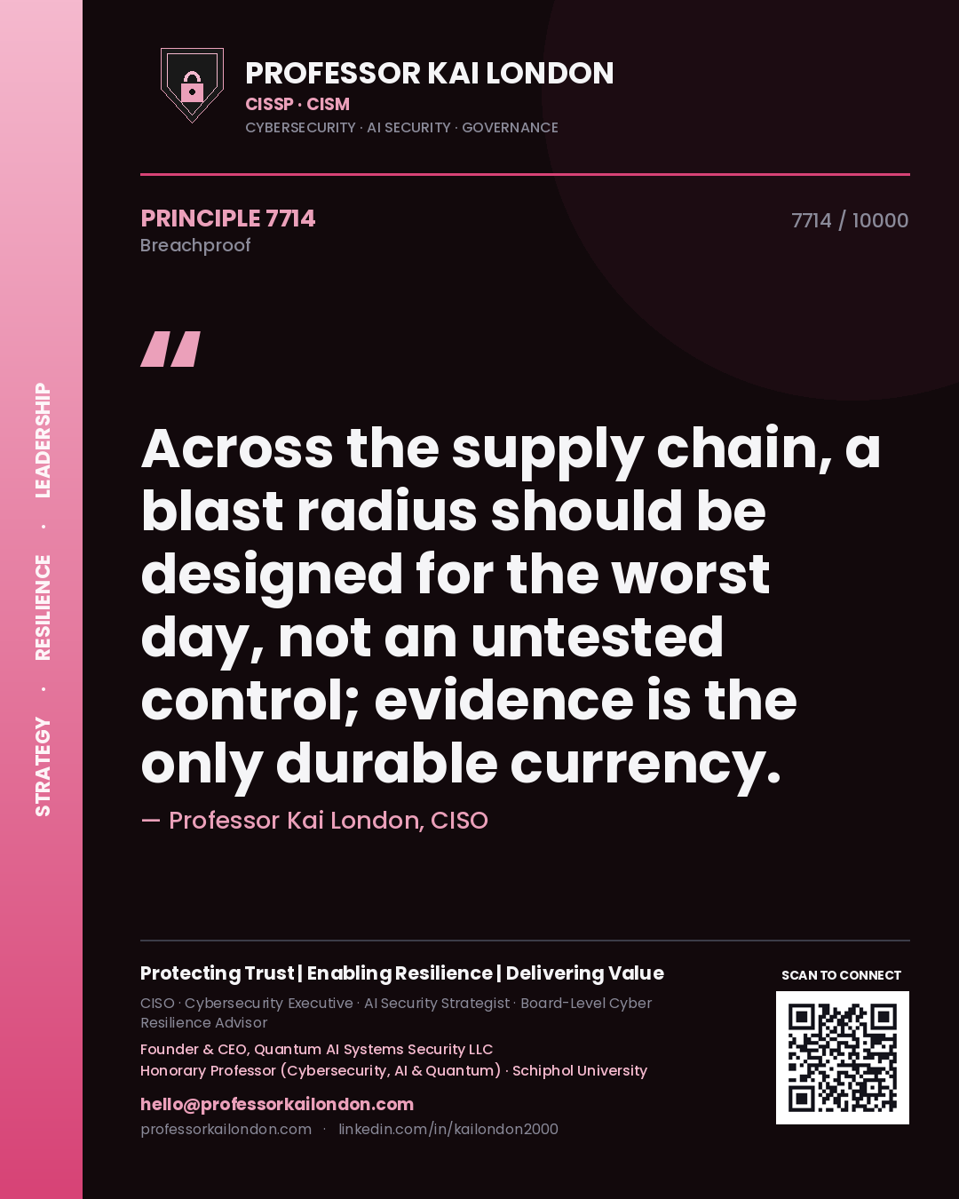 Professor Kai London principle 7714: Across the supply chain, a blast radius should be designed for the worst day, not an untested control; evidence is the only durable currency.
