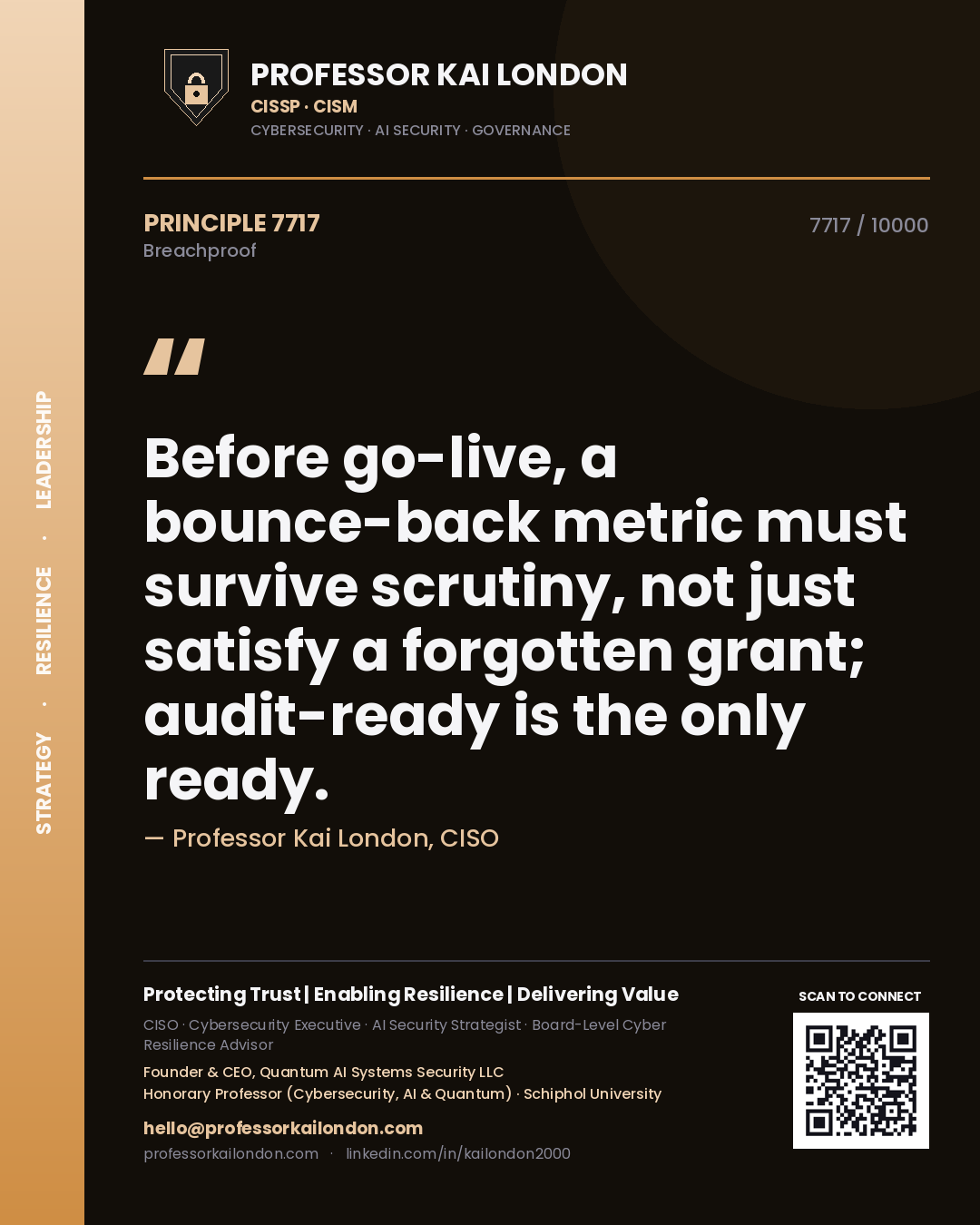 Quote card by Professor Kai London reading 'Before go-live, a bounce-back metric must survive scrutiny, not just satisfy a forgotten grant; audit-ready is the only ready.'. From the book Breachproof.