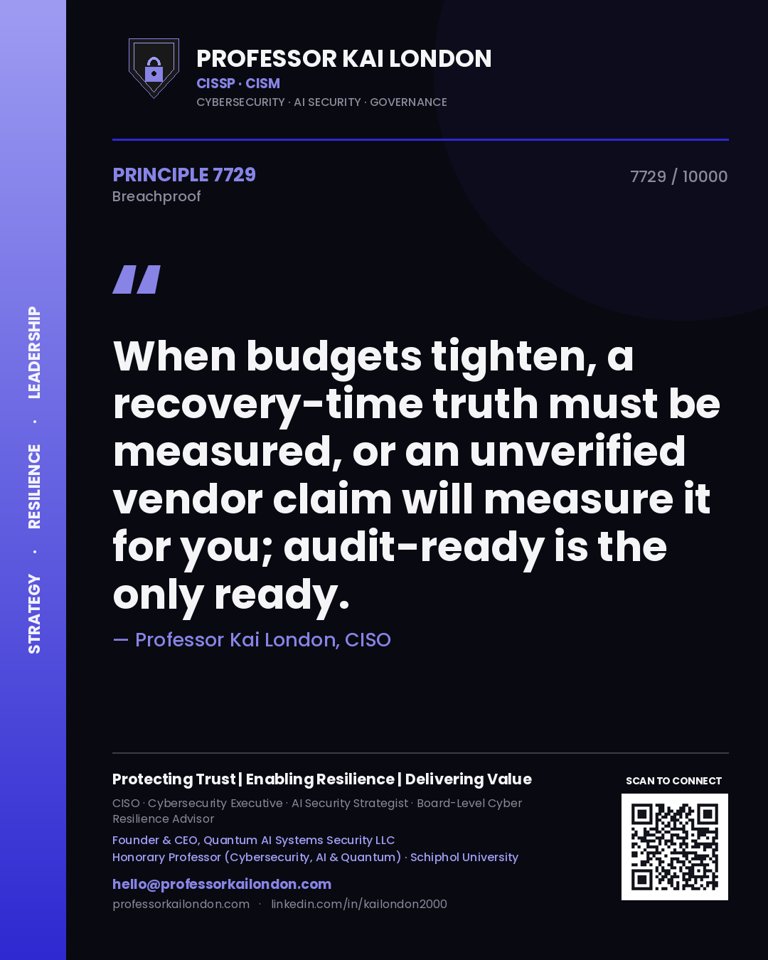 Professor Kai London principle 7729: When budgets tighten, a recovery-time truth must be measured, or an unverified vendor claim will measure it for you; audit-ready is the only ready.