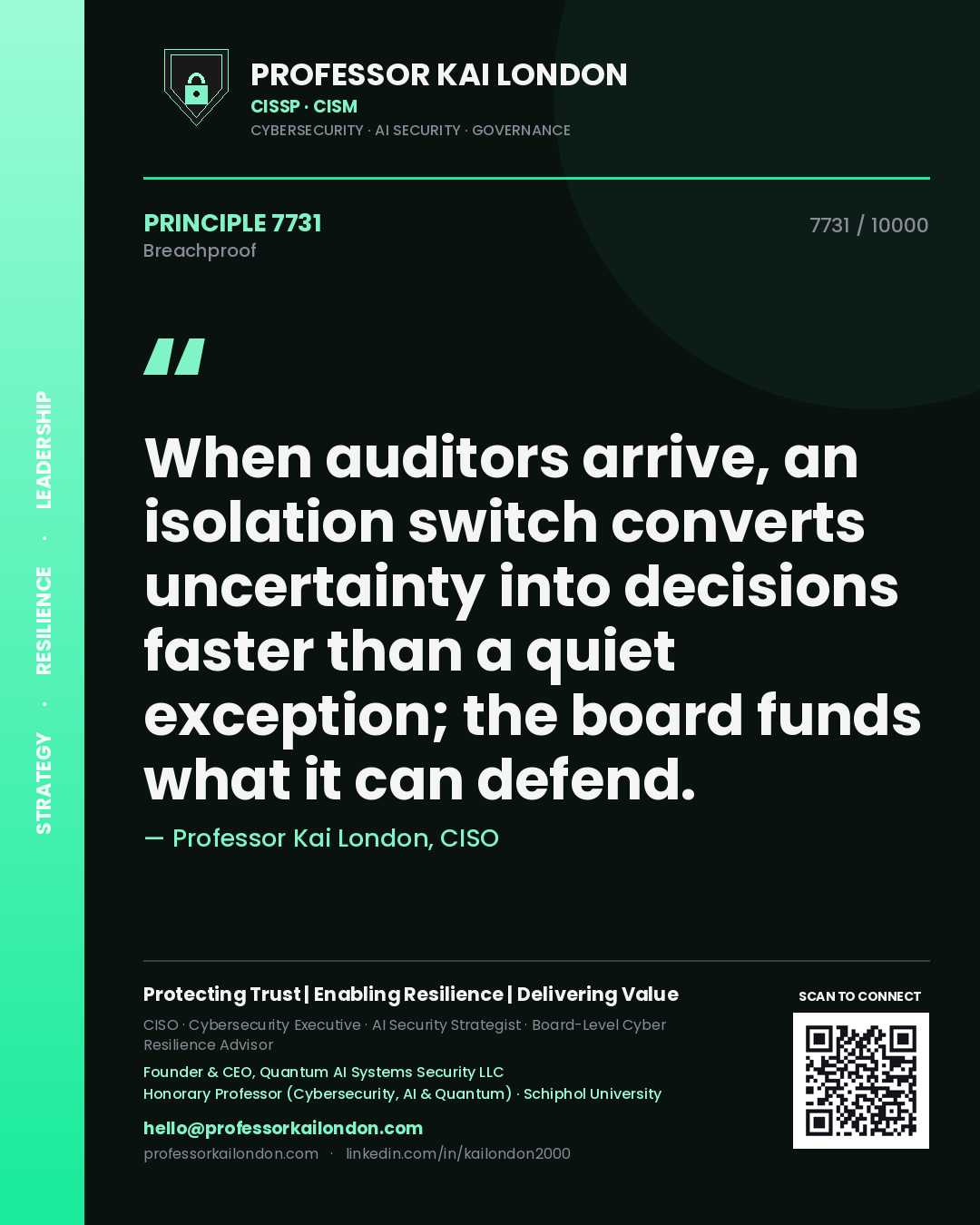 Professor Kai London principle 7731: When auditors arrive, an isolation switch converts uncertainty into decisions faster than a quiet exception; the board funds what it can defend.