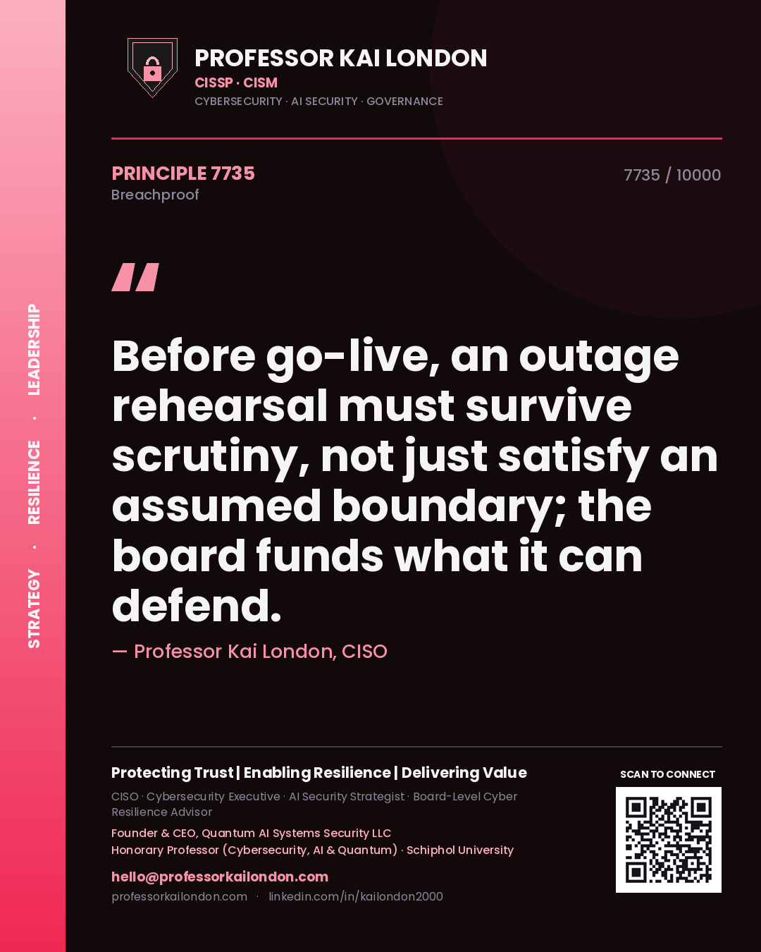 Professor Kai London principle 7735: Before go-live, an outage rehearsal must survive scrutiny, not just satisfy an assumed boundary; the board funds what it can defend.