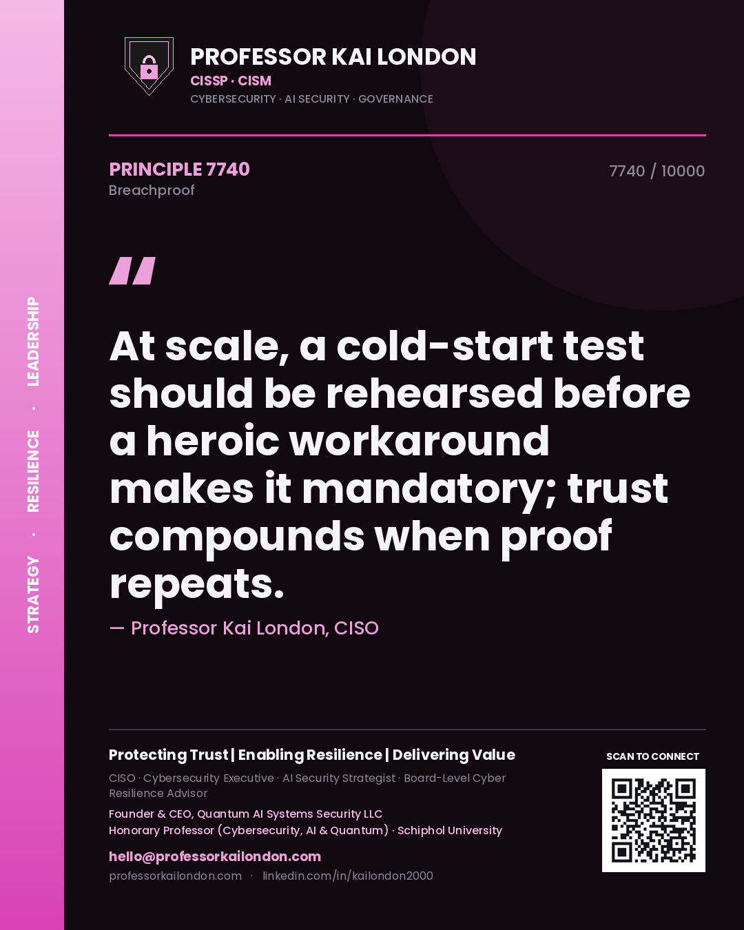 Quote card by Professor Kai London reading 'At scale, a cold-start test should be rehearsed before a heroic workaround makes it mandatory; trust compounds when proof repeats.'. From the book Breachproof.