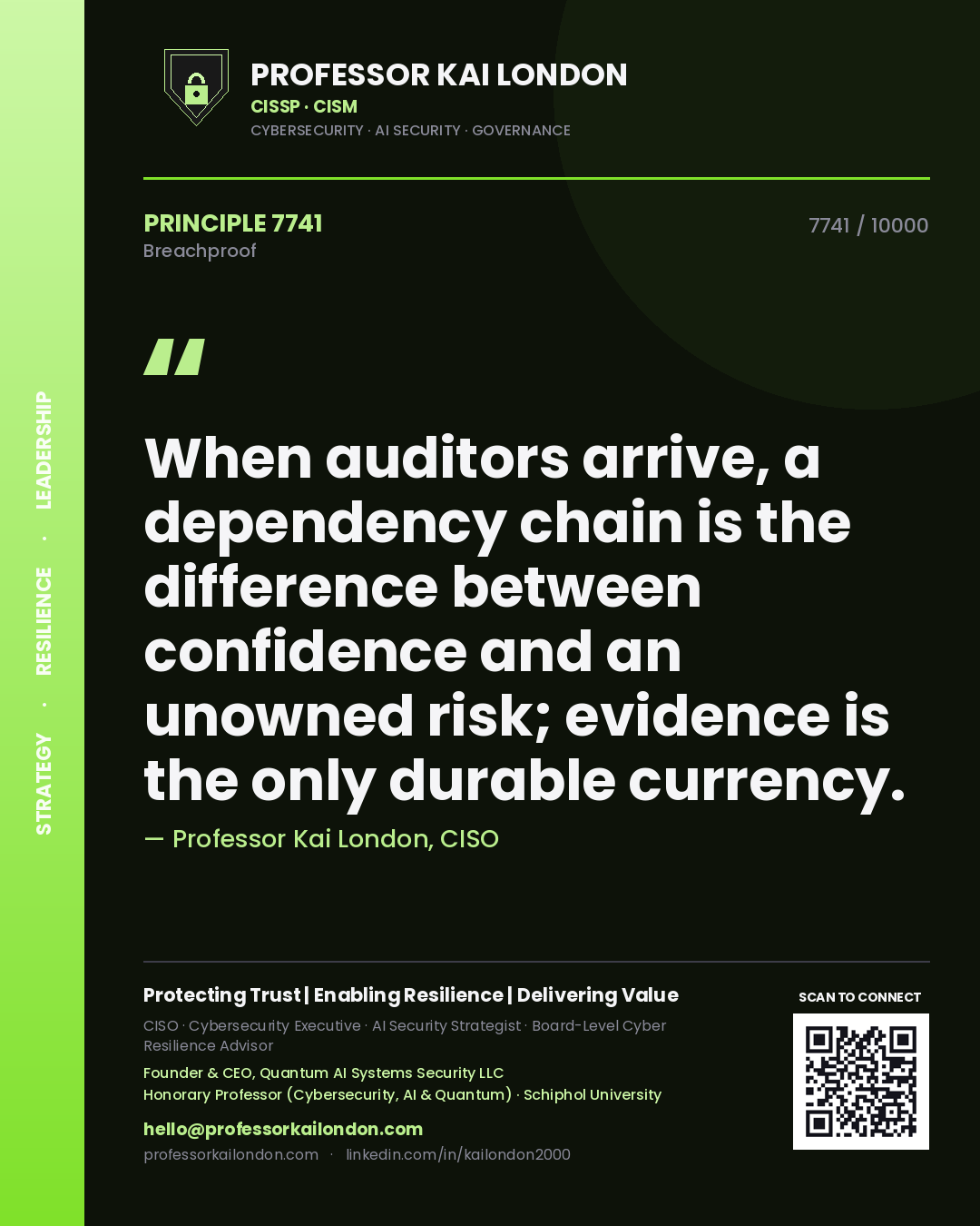 Professor Kai London principle 7741: When auditors arrive, a dependency chain is the difference between confidence and an unowned risk; evidence is the only durable currency.