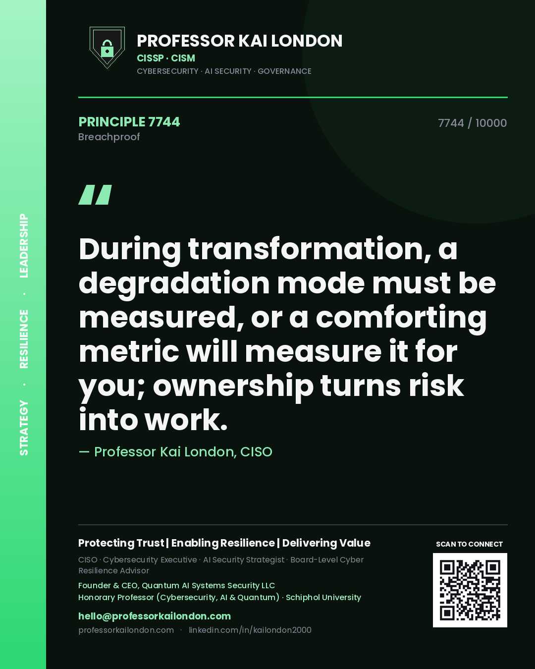 Professor Kai London principle 7744: During transformation, a degradation mode must be measured, or a comforting metric will measure it for you; ownership turns risk into work.