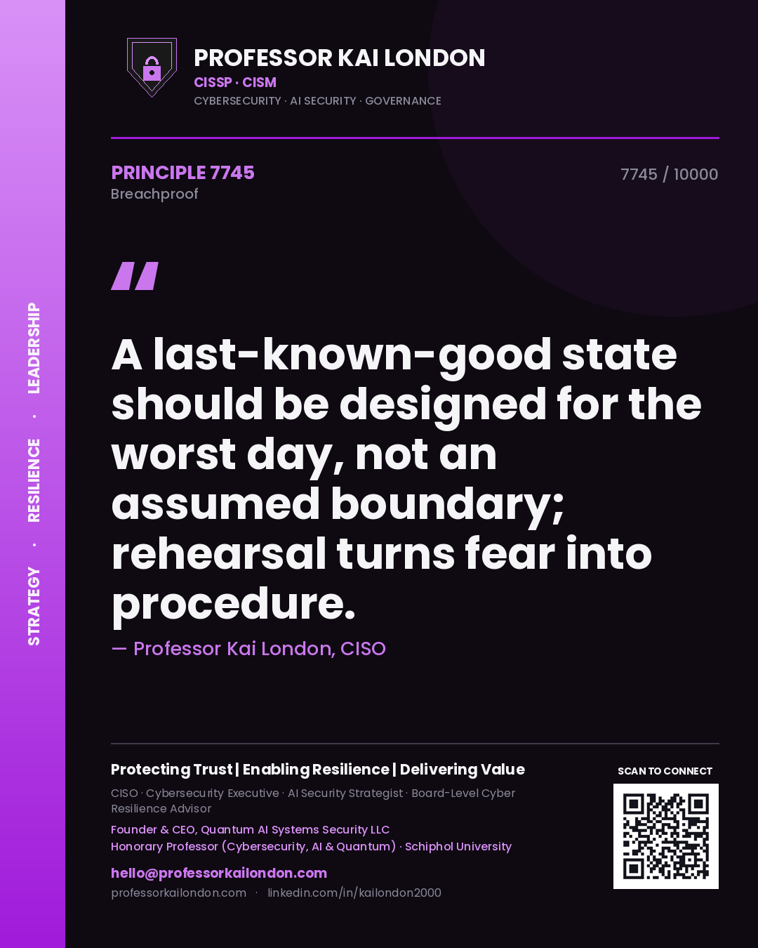 Professor Kai London principle 7745: A last-known-good state should be designed for the worst day, not an assumed boundary; rehearsal turns fear into procedure.