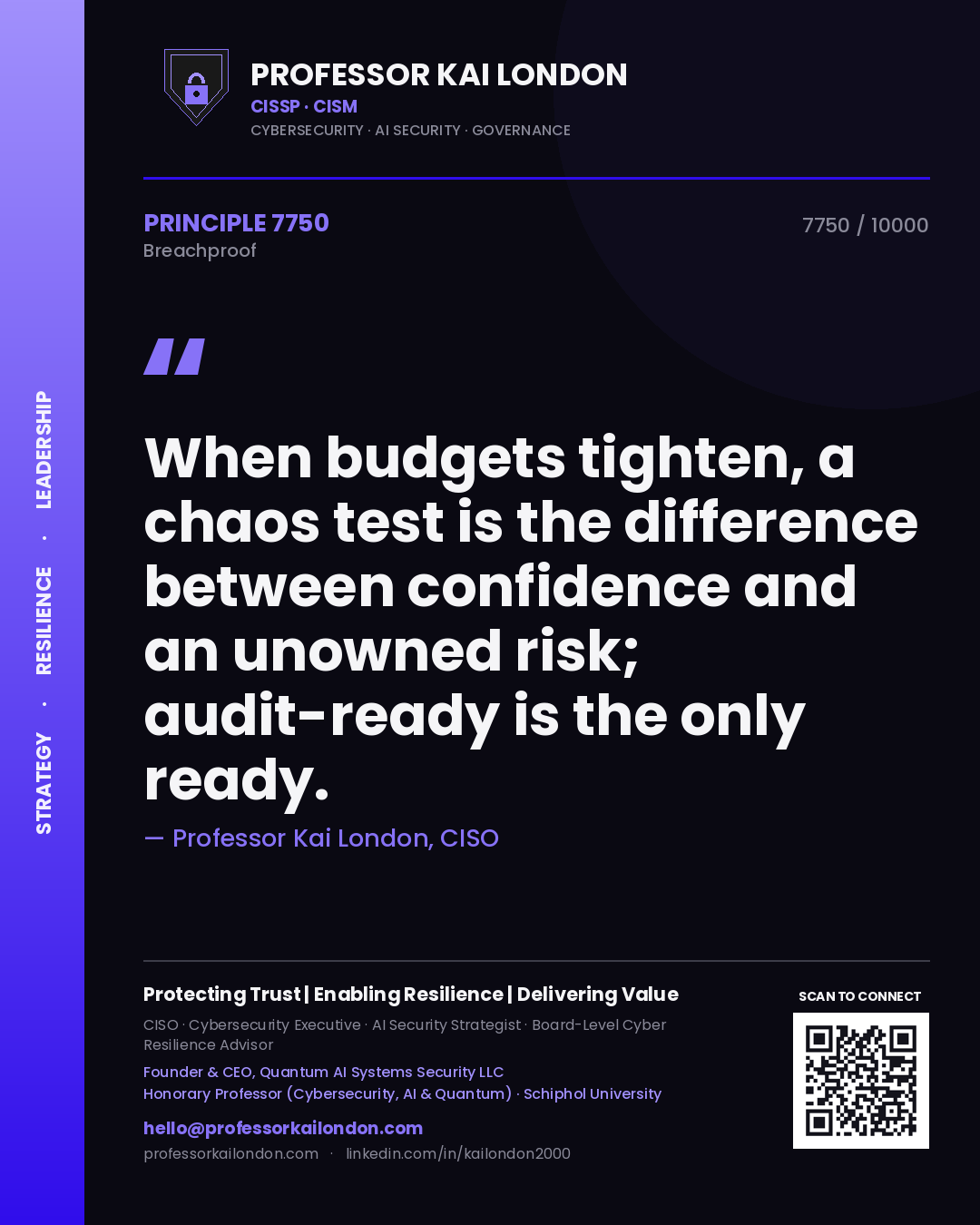 Professor Kai London principle 7750: When budgets tighten, a chaos test is the difference between confidence and an unowned risk; audit-ready is the only ready.