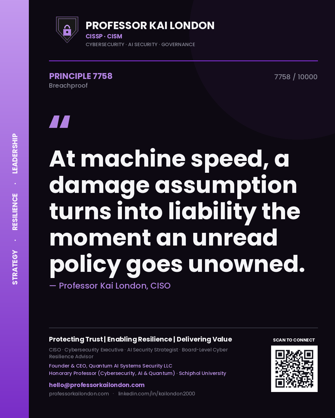 Quote card by Professor Kai London reading 'At machine speed, a damage assumption turns into liability the moment an unread policy goes unowned.'. From the book Breachproof.