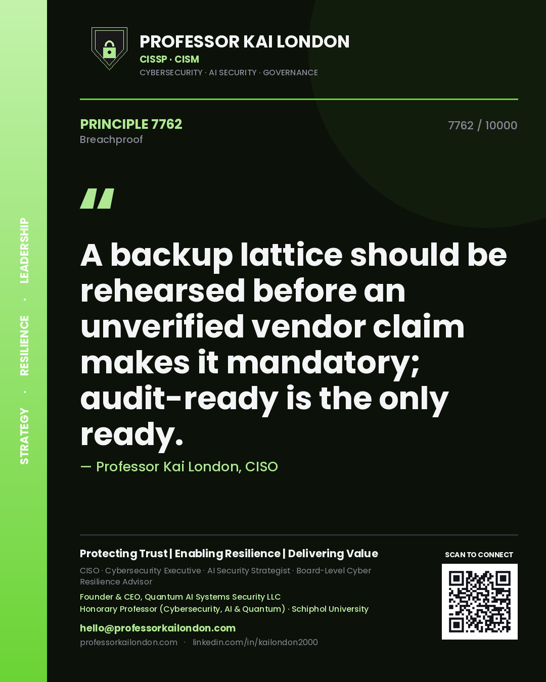 Professor Kai London principle 7762: A backup lattice should be rehearsed before an unverified vendor claim makes it mandatory; audit-ready is the only ready.