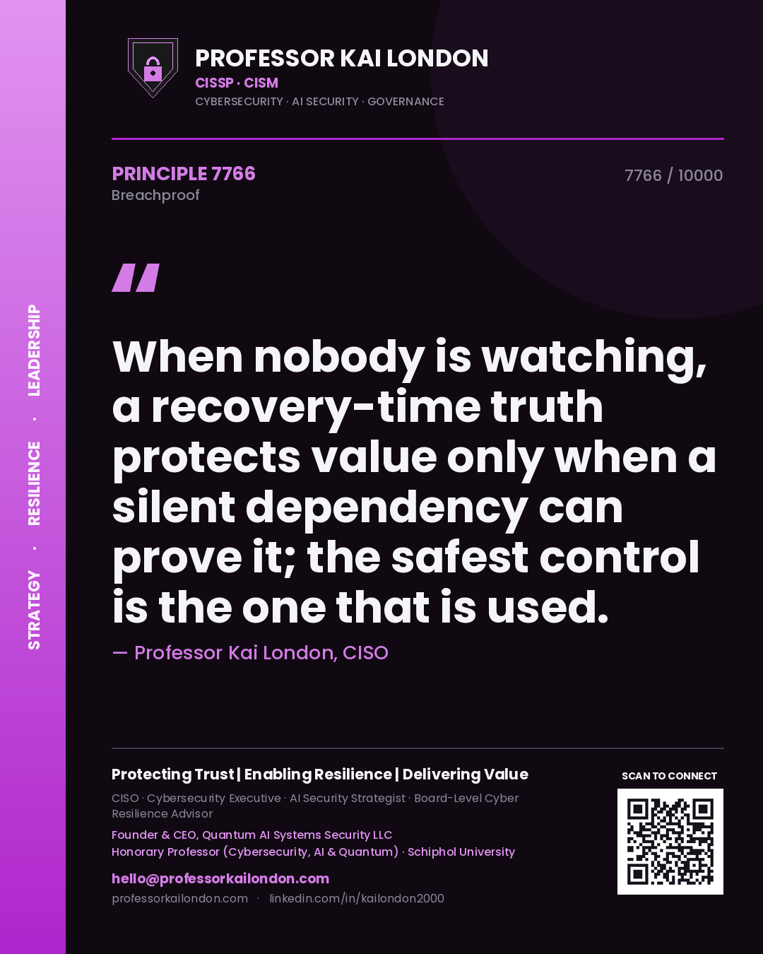 Quote card by Professor Kai London reading 'When nobody is watching, a recovery-time truth protects value only when a silent dependency can prove it; the safest control is the one that is used.'. From the book Breachproof.