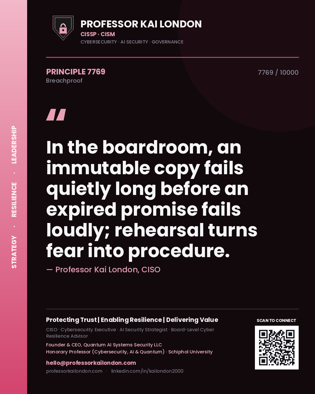 Quote card by Professor Kai London reading 'In the boardroom, an immutable copy fails quietly long before an expired promise fails loudly; rehearsal turns fear into procedure.'. From the book Breachproof.