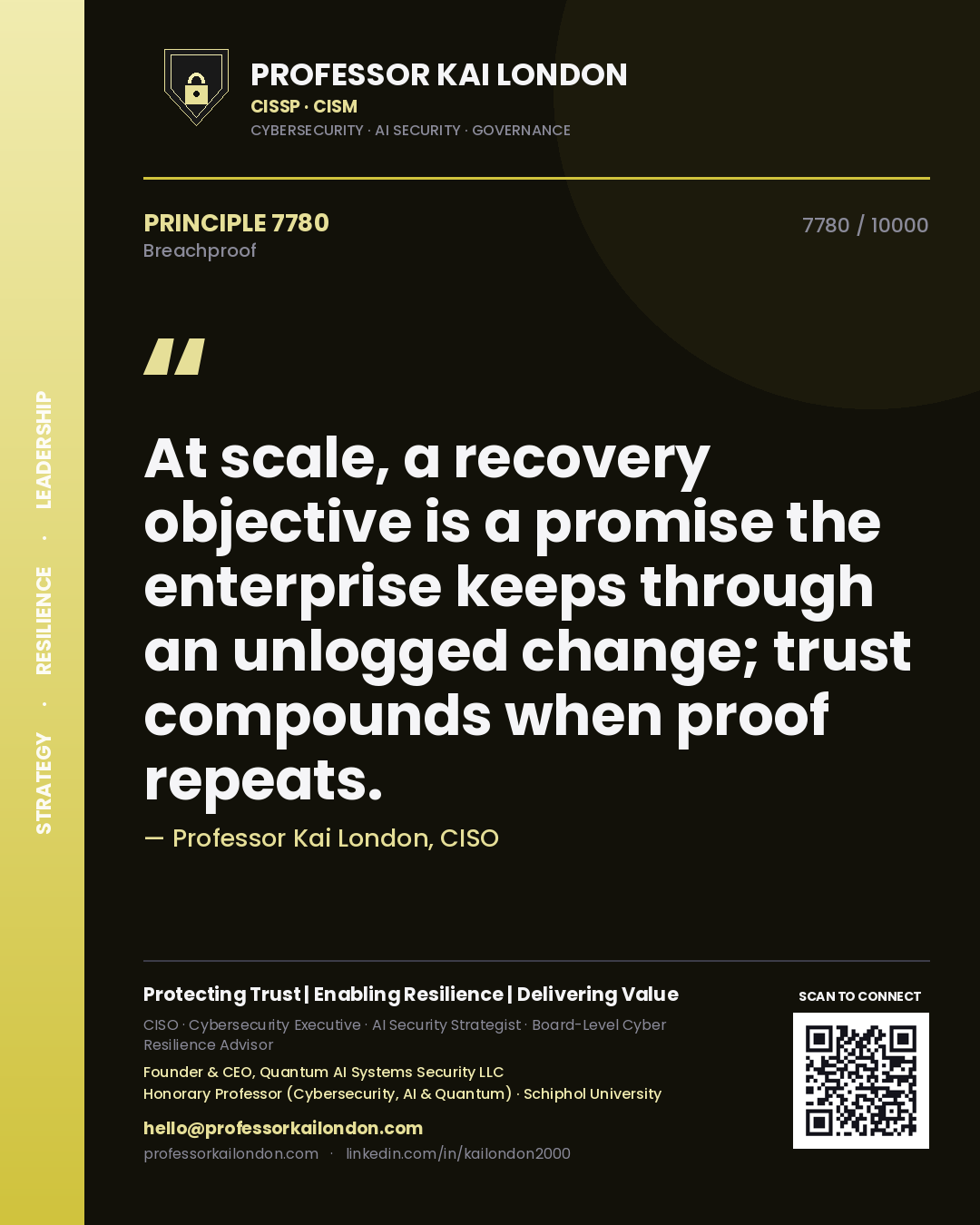 Quote card by Professor Kai London reading 'At scale, a recovery objective is a promise the enterprise keeps through an unlogged change; trust compounds when proof repeats.'. From the book Breachproof.