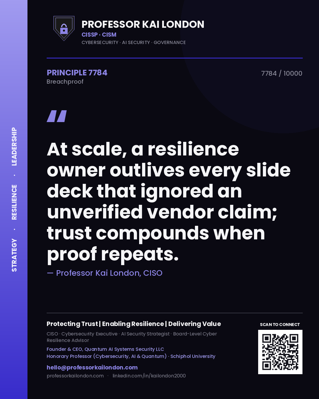 Professor Kai London principle 7784: At scale, a resilience owner outlives every slide deck that ignored an unverified vendor claim; trust compounds when proof repeats.