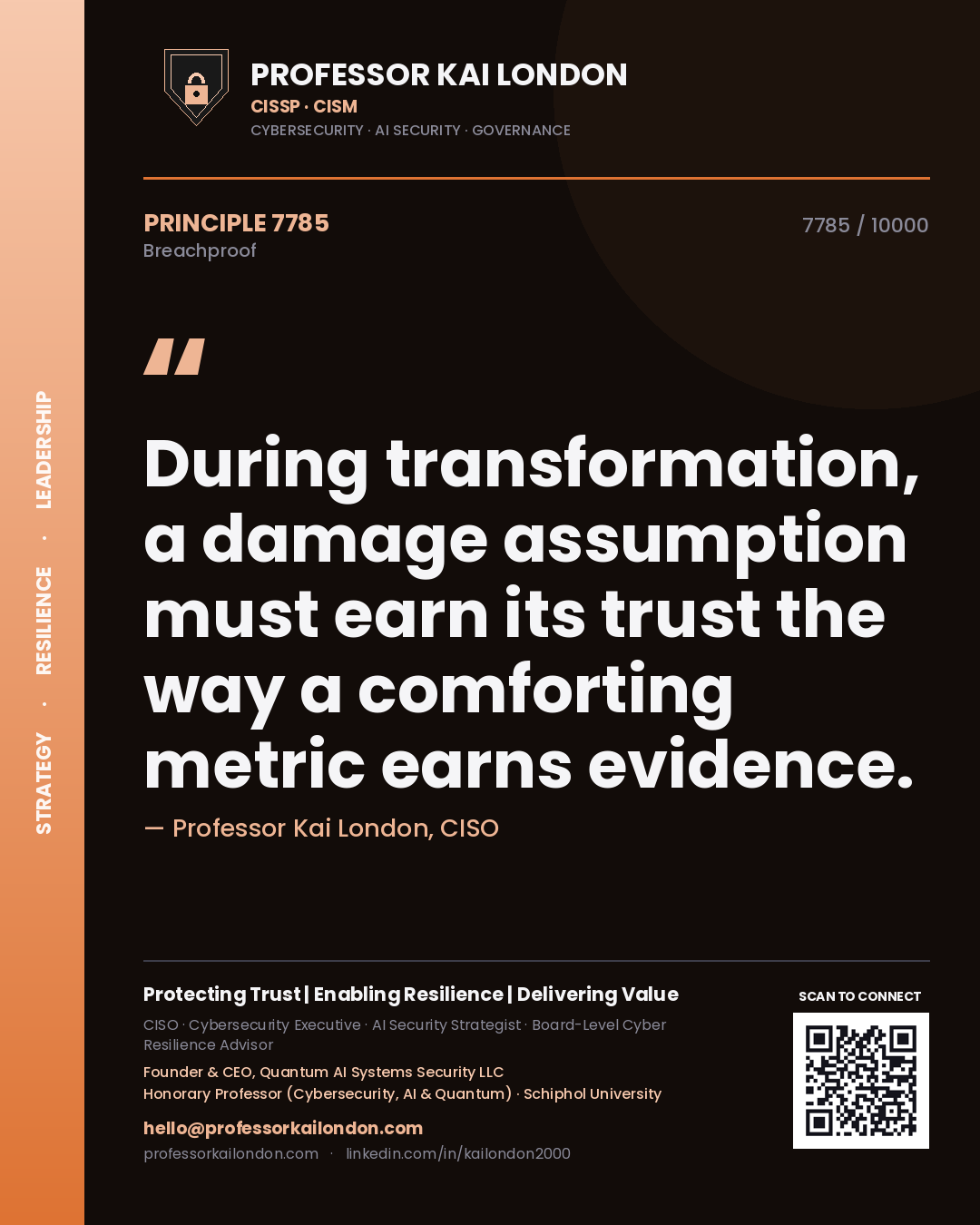 Quote card by Professor Kai London reading 'During transformation, a damage assumption must earn its trust the way a comforting metric earns evidence.'. From the book Breachproof.