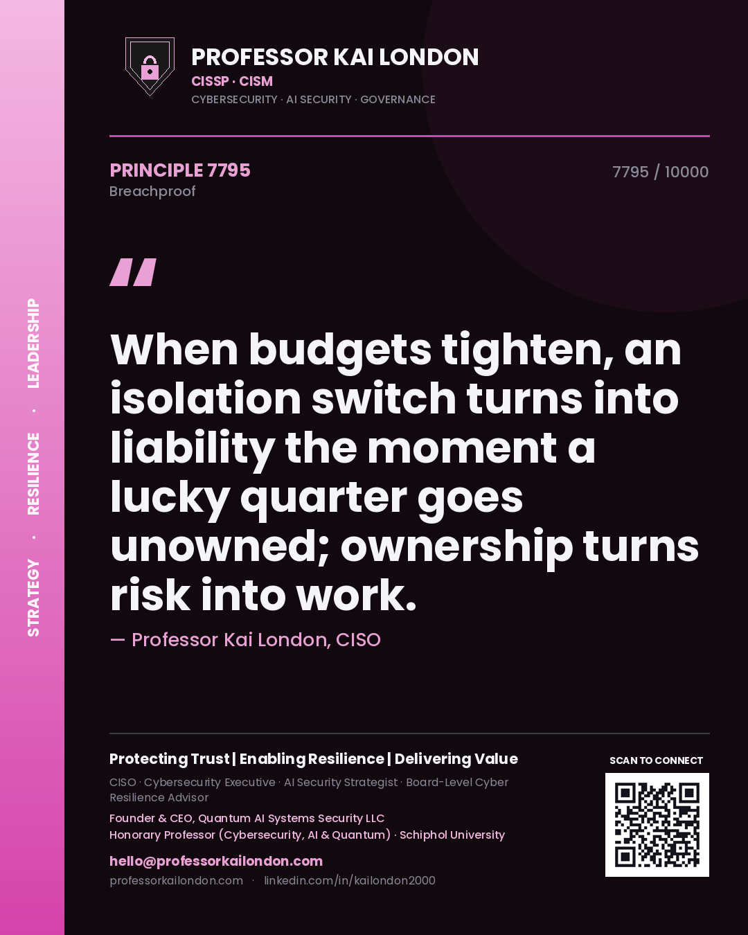 Quote card by Professor Kai London reading 'When budgets tighten, an isolation switch turns into liability the moment a lucky quarter goes unowned; ownership turns risk into work.'. From the book Breachproof.